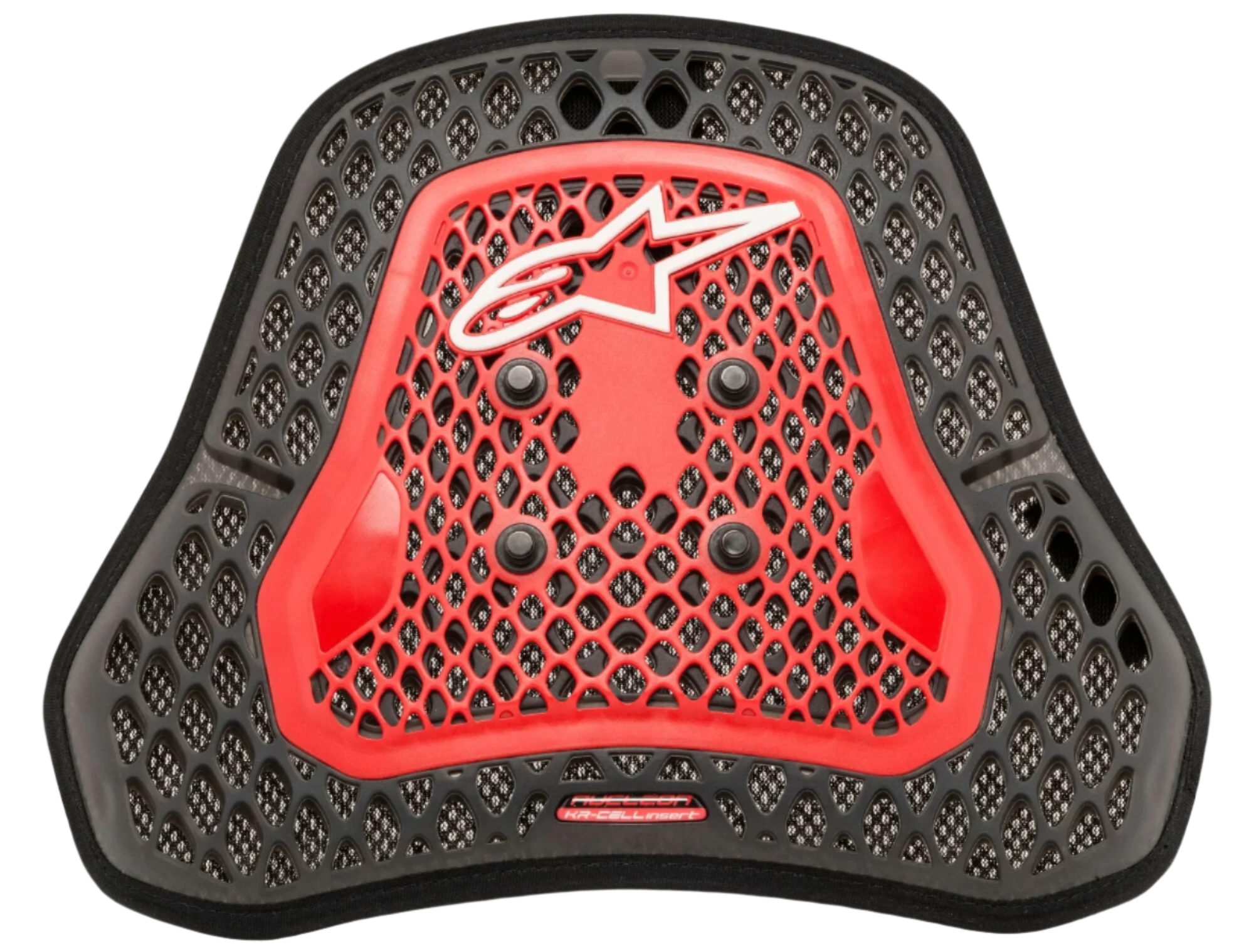 Alpinestars Nucleon KR-Cell Ci S borstbeschermer, Transparent Smoke Red en zwart, voorzien van een honingraat cel-microstructuur, vier zwarte bevestigingsknoppen, wit Alpinestars logo, lichtgewicht ergonomisch beschermend inzetstuk voor motorraces en sportief rijden