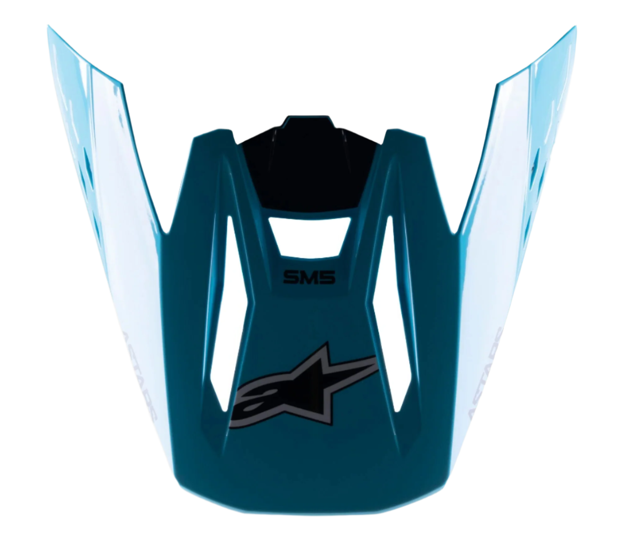 Alpinestars S-M5 Speed Helm Vizier, motorcross helm accessoire, lichtblauw en zwart glanzend, voorzien van een zwart Alpinestars sterlogo en SM5-branding, aerodynamisch ontwerp met glanzende afwerking, duurzame kunststof vervangende klep voor off-road racen