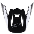 Alpinestars S-M5 Venture helmvizier, motorcross helmaccessoire, glanzend zwart, vervangende klep met een zilverkleurig Alpinestars logo op de voorzijde en witte merknaam op de zijkanten, duurzaam kunststof met een glanzende afwerking voor off-road racen