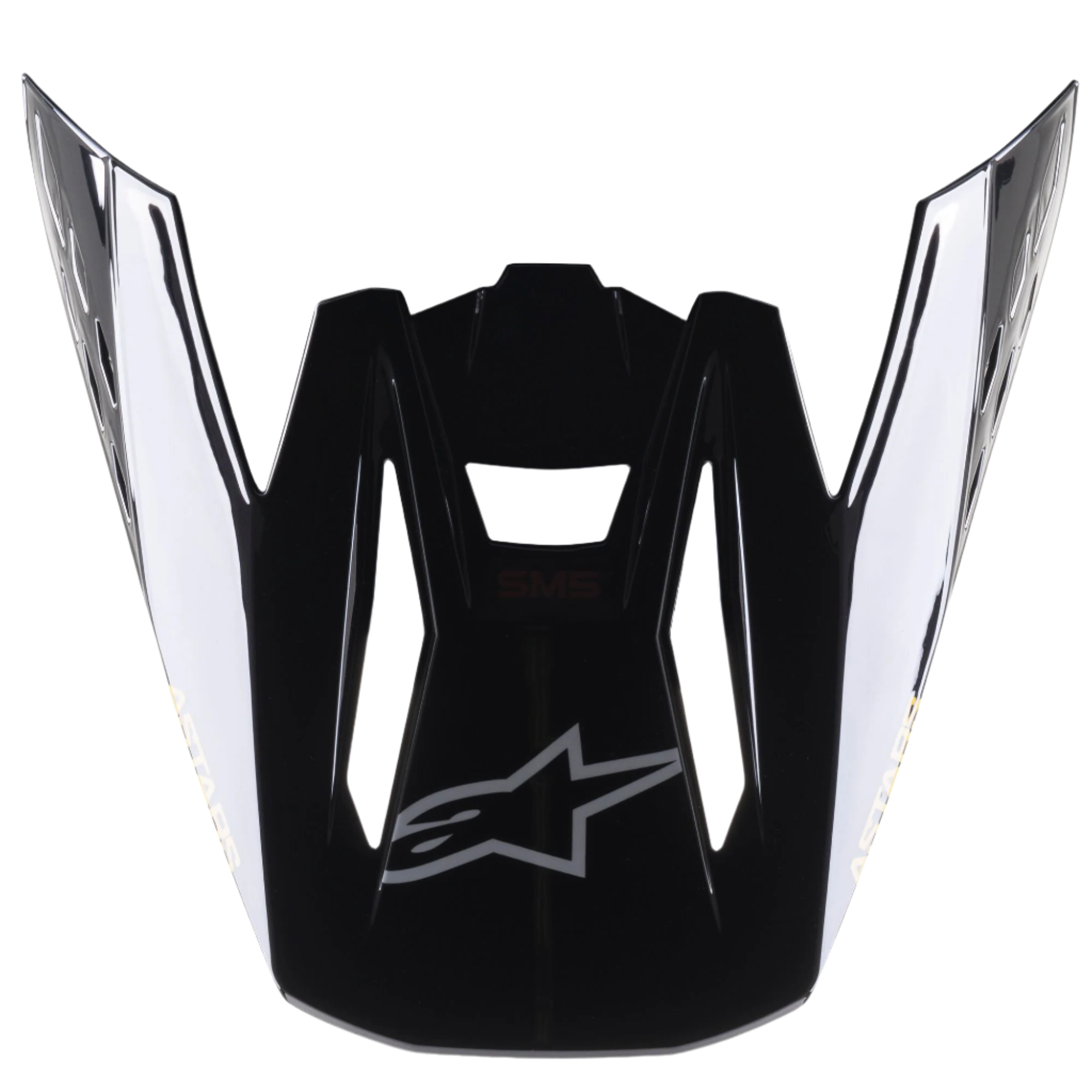 Alpinestars S-M5 Venture helmvizier, motorcross helmaccessoire, glanzend zwart, vervangende klep met een zilverkleurig Alpinestars logo op de voorzijde en witte merknaam op de zijkanten, duurzaam kunststof met een glanzende afwerking voor off-road racen