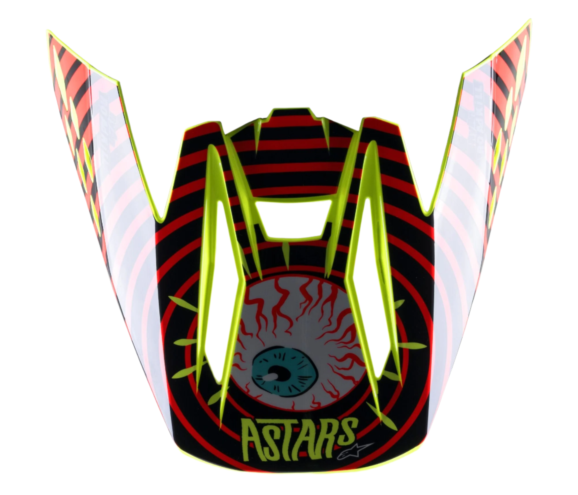 Alpinestars S-M5 Solar Flare vizier, vervangende motocross helmklep, zwart, rood en fluogeel, met een opvallende afbeelding van een doorlopen oogbal, ASTARS-logo en een neongele rand