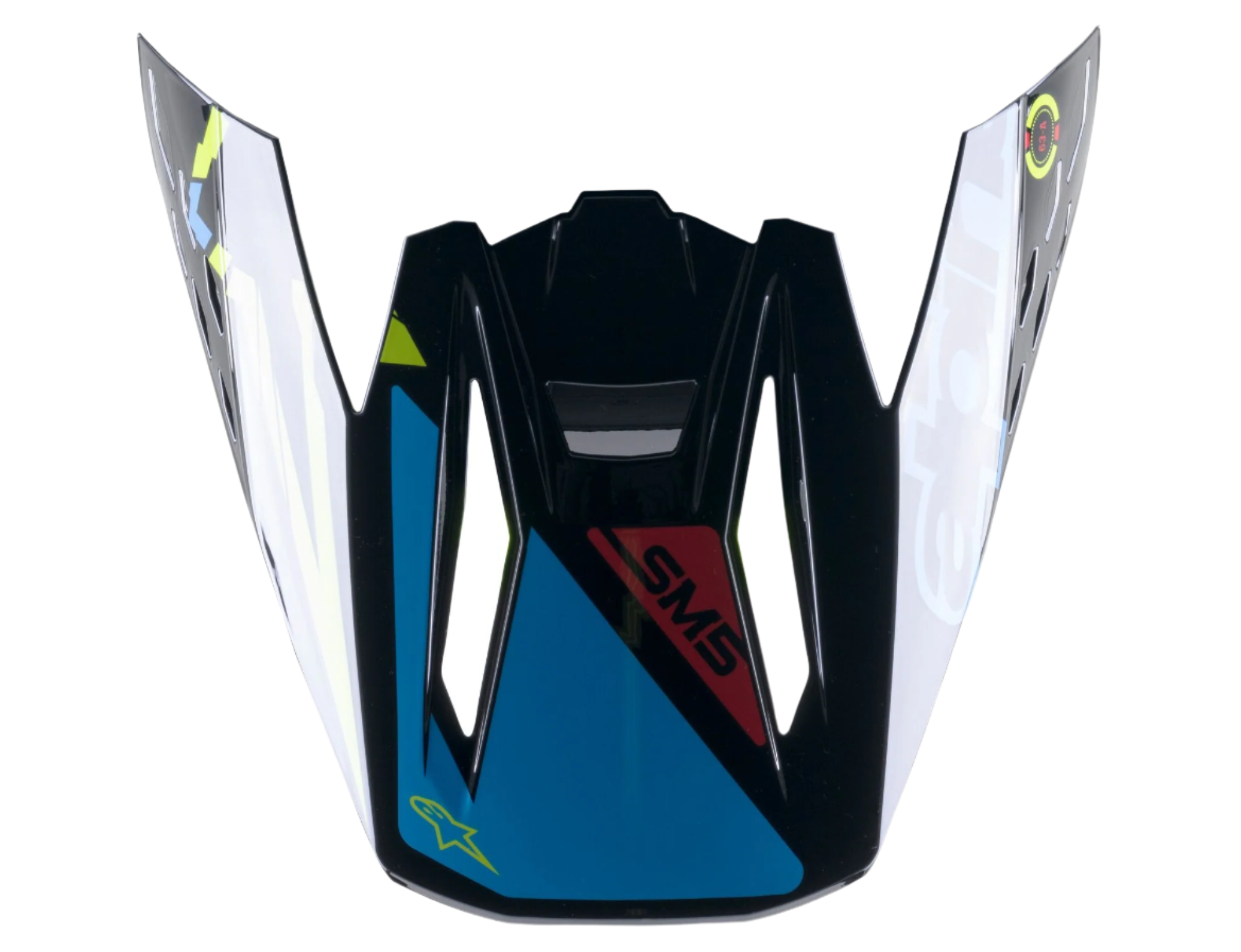 Alpinestars S-M5 Action Visor, vervangingsonderdeel voor motorcrosshelm, zwart, cyaan en fluoriserend geel glanzend, met SM5-branding en sterlogo, klik-vast klep-ontwerp voor off-road rijden