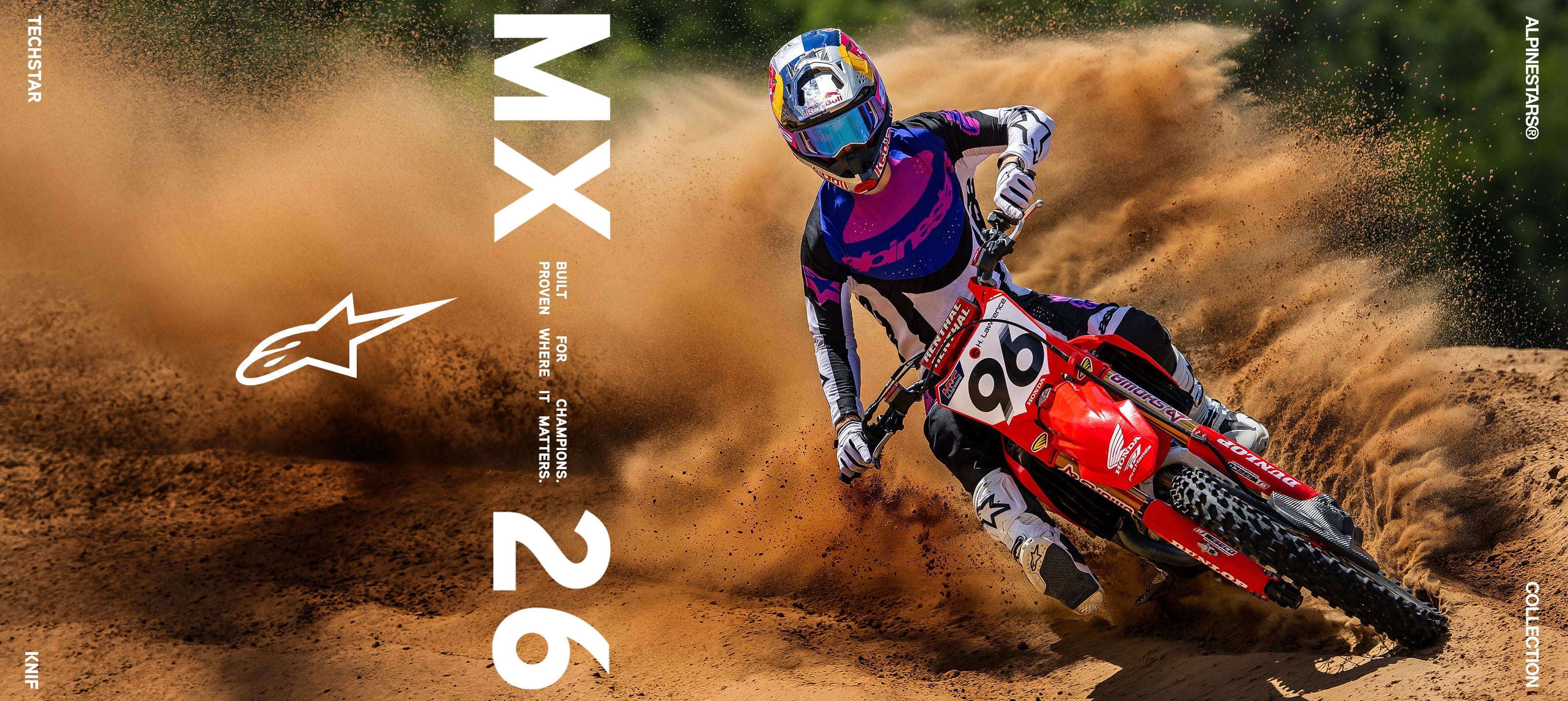 Alpinestars Techstar Knif Motocross Gear, blue and purple jersey and white boots, Hunter Lawrence on a red Honda bike.