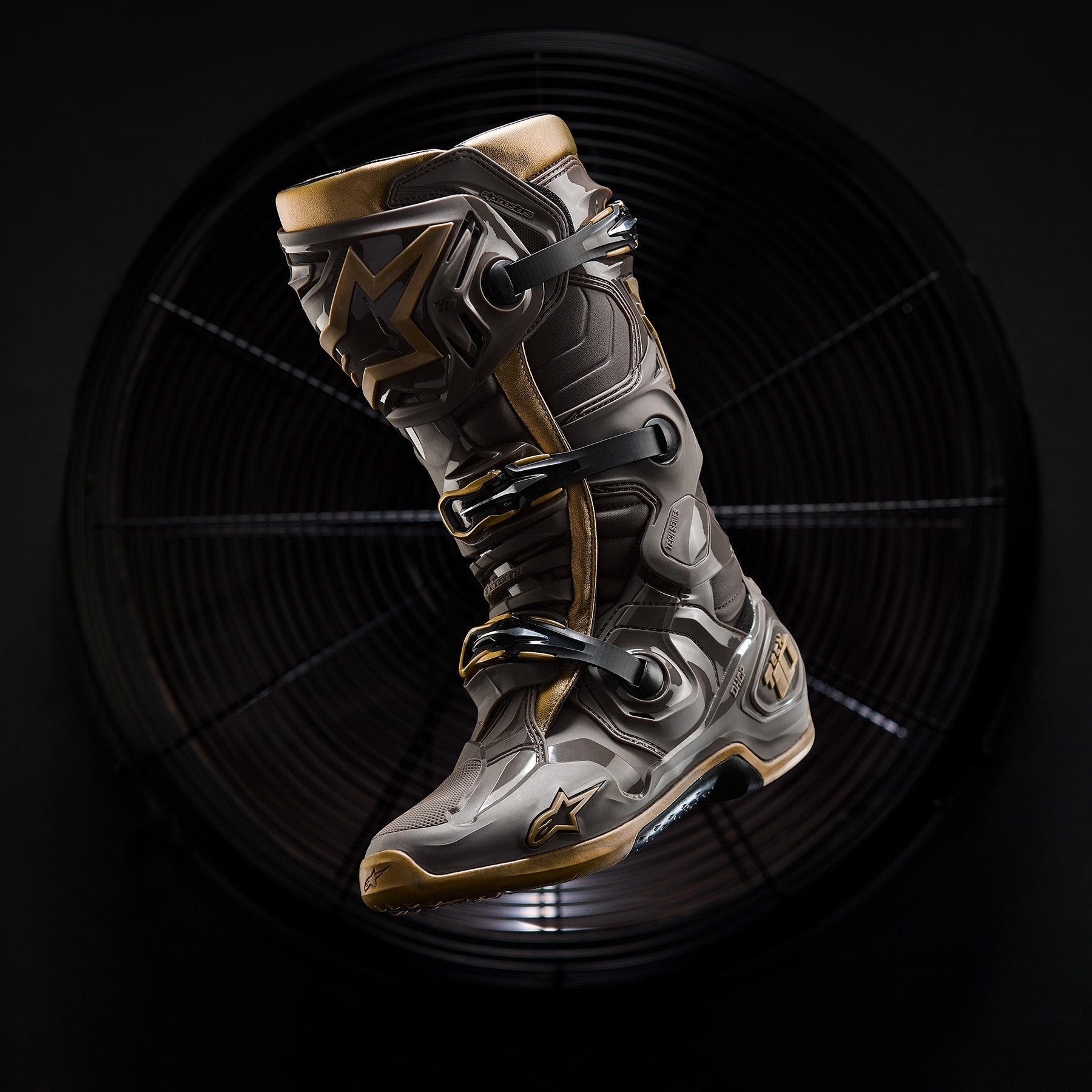 Alpinestars Limited Edition Tech 10 Air Gold Boots, premium motocross footwear in earth brown and gold with TPU shell.