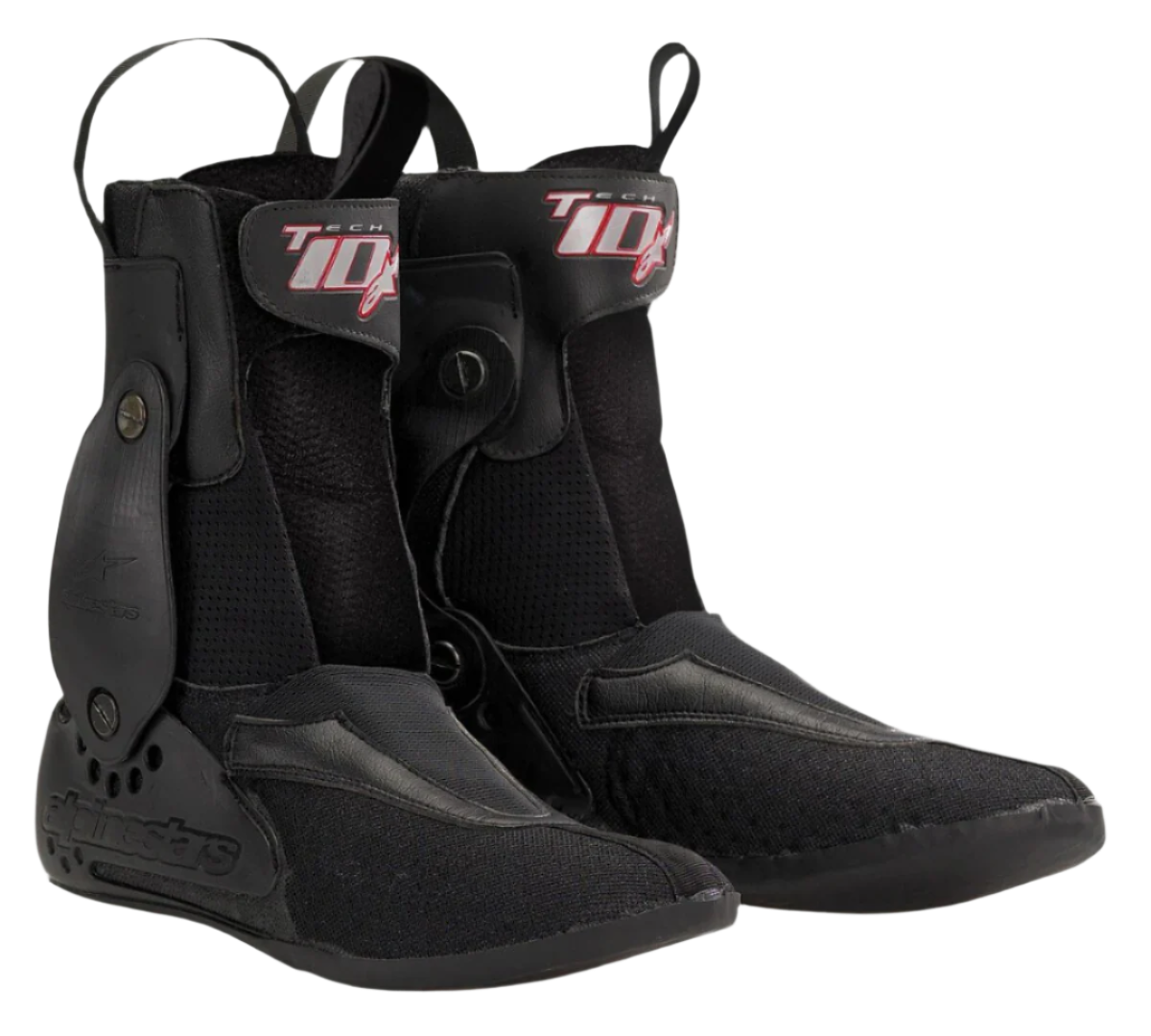 Alpinestars Tech-10 Removable Inner Shoe, Black Motorcycle Boot Liners, Red and White Tech-10 Logo, Textured Fabric with Synthetic Panels, Adjustable Straps with Metal Snaps, Front and Rear Pull Tabs