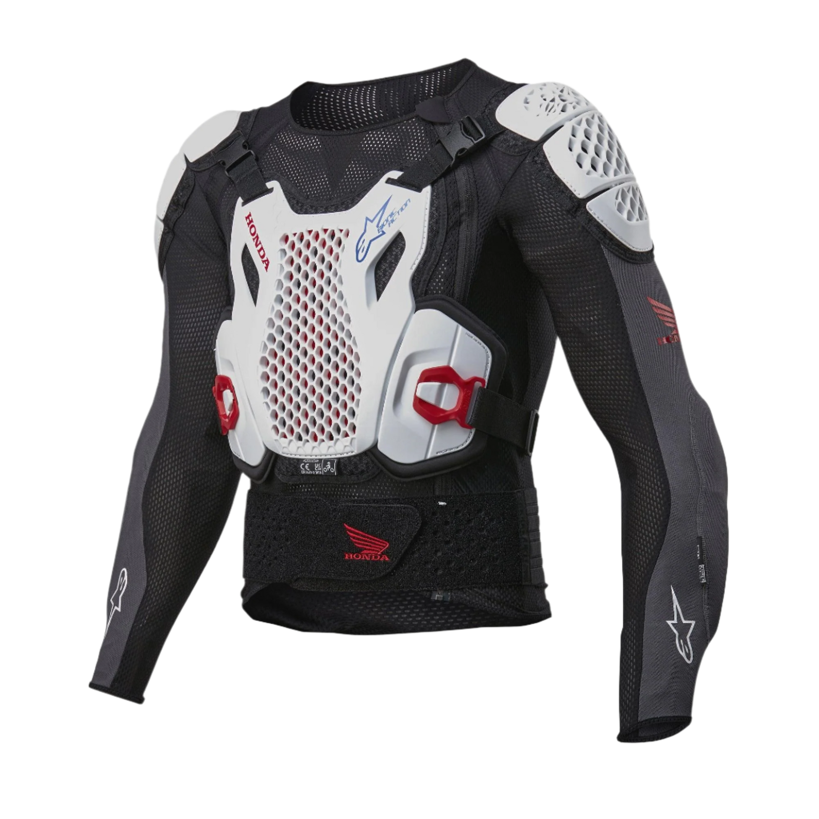 Alpinestars Honda Bionic Plus V2 Protection Jacket, Black White and Bright Red, featuring white perforated CELL Technology chest and shoulder armor on a black mesh chassis, red side buckles and Honda branding, professional motocross protective gear
