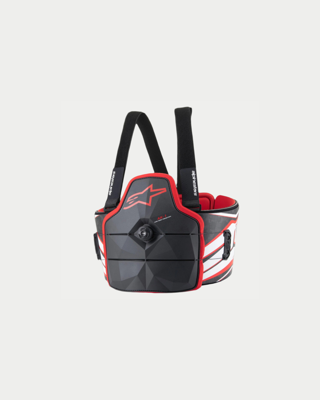 Alpinestars AK-1 Kart Body Protector, karting lichaamsbescherming, zwart, wit en rood, gestructureerde borstplaat met een centrale speed-lace draaisluiting, rood Alpinestars logo en verstelbare zwarte schouderbanden, ergonomisch ontworpen voor kartraces