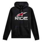 Alpinestars Ride 4.0 Hoodie, zwarte sportkledinghoodie met wit en rood logo op de voorzijde en capuchon met jersey voering