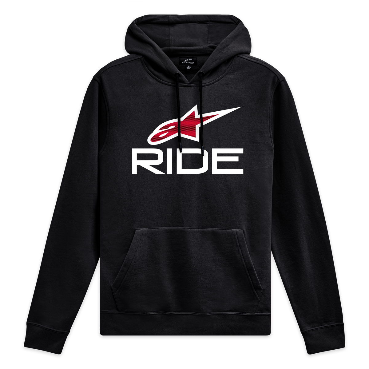 Alpinestars Ride 4.0 Hoodie, zwarte sportkledinghoodie met wit en rood logo op de voorzijde en capuchon met jersey voering