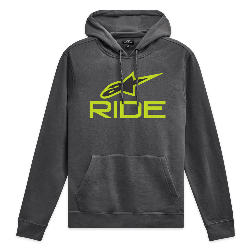 Alpinestars Ride Hoodie V 3, grijze pullover hoodie met limoengroen Ride-logo op de voorzijde en bijpassende trekkoorden, sportswear fleece