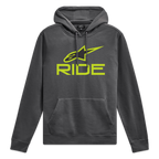 Alpinestars Ride Hoodie V 3, grijze pullover hoodie met limoengroen Ride-logo op de voorzijde en bijpassende trekkoorden, sportswear fleece
