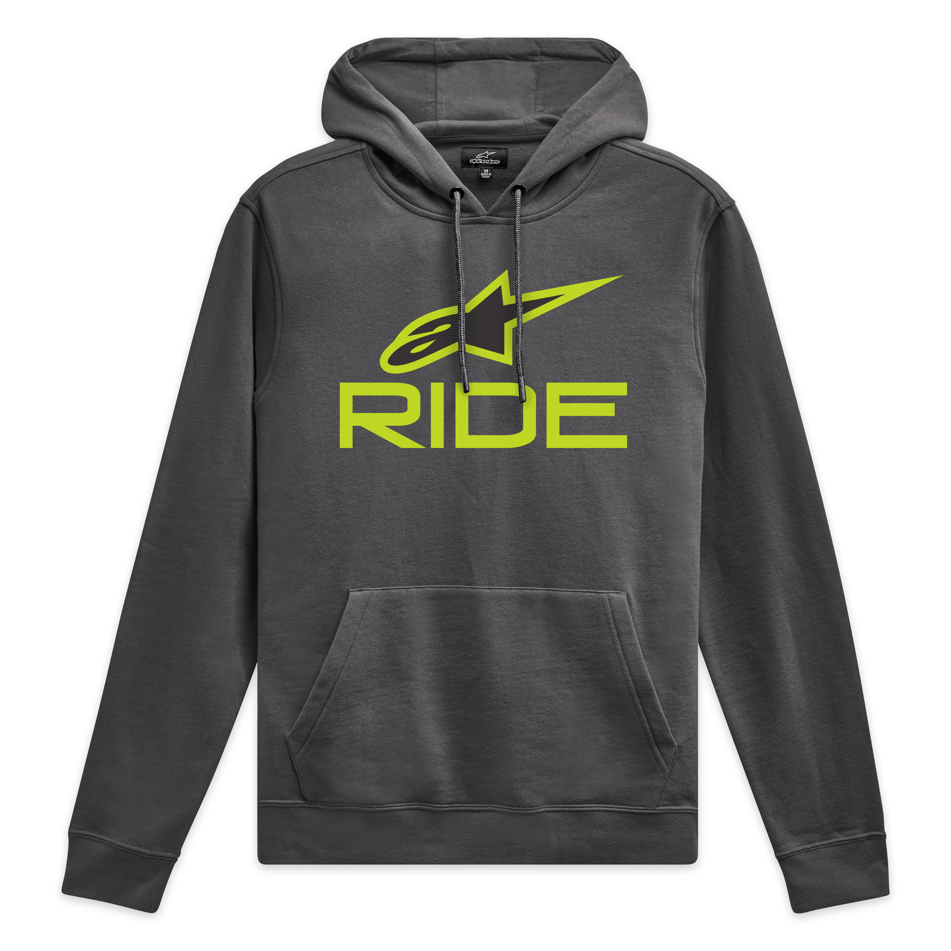 Alpinestars Ride Hoodie V 3, grijze pullover hoodie met limoengroen Ride-logo op de voorzijde en bijpassende trekkoorden, sportswear fleece