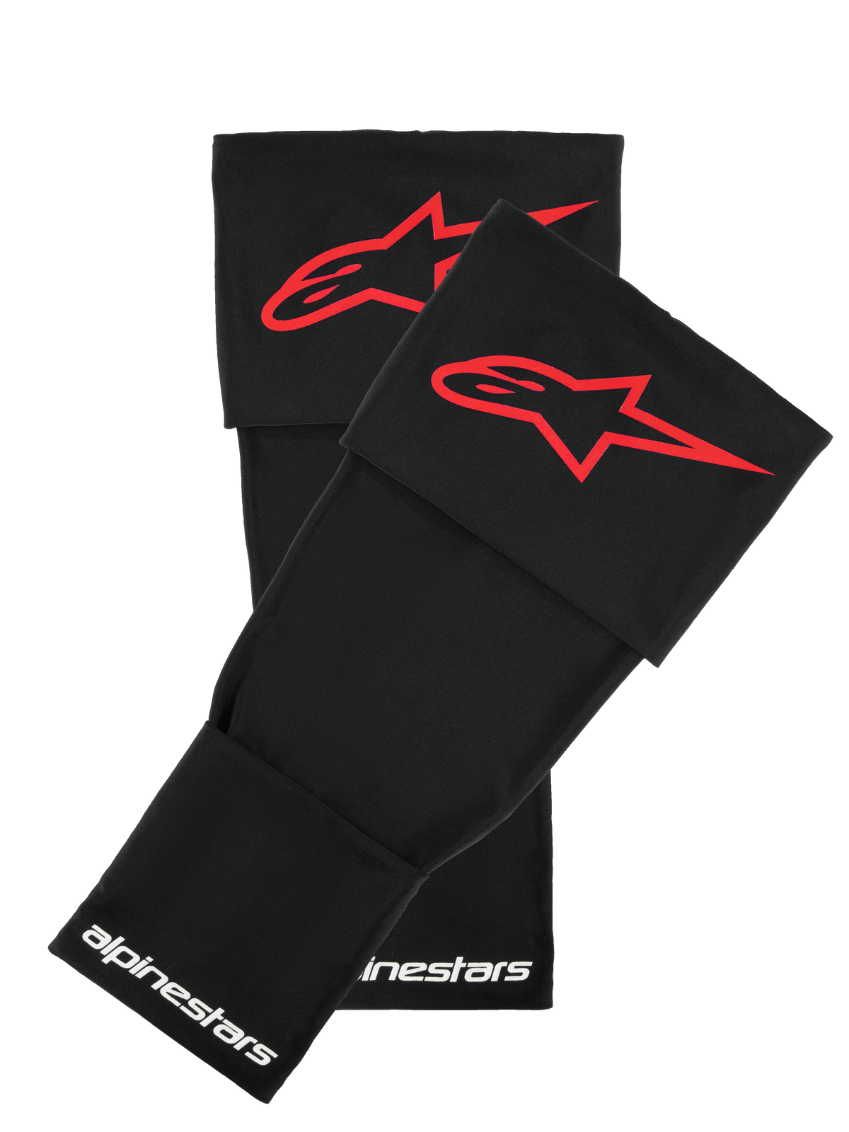 Alpinestars RK-S kniebrace mouwen, zwart met rood sterlogo, beschermend motoraccessoire, witte Alpinestars-belettering