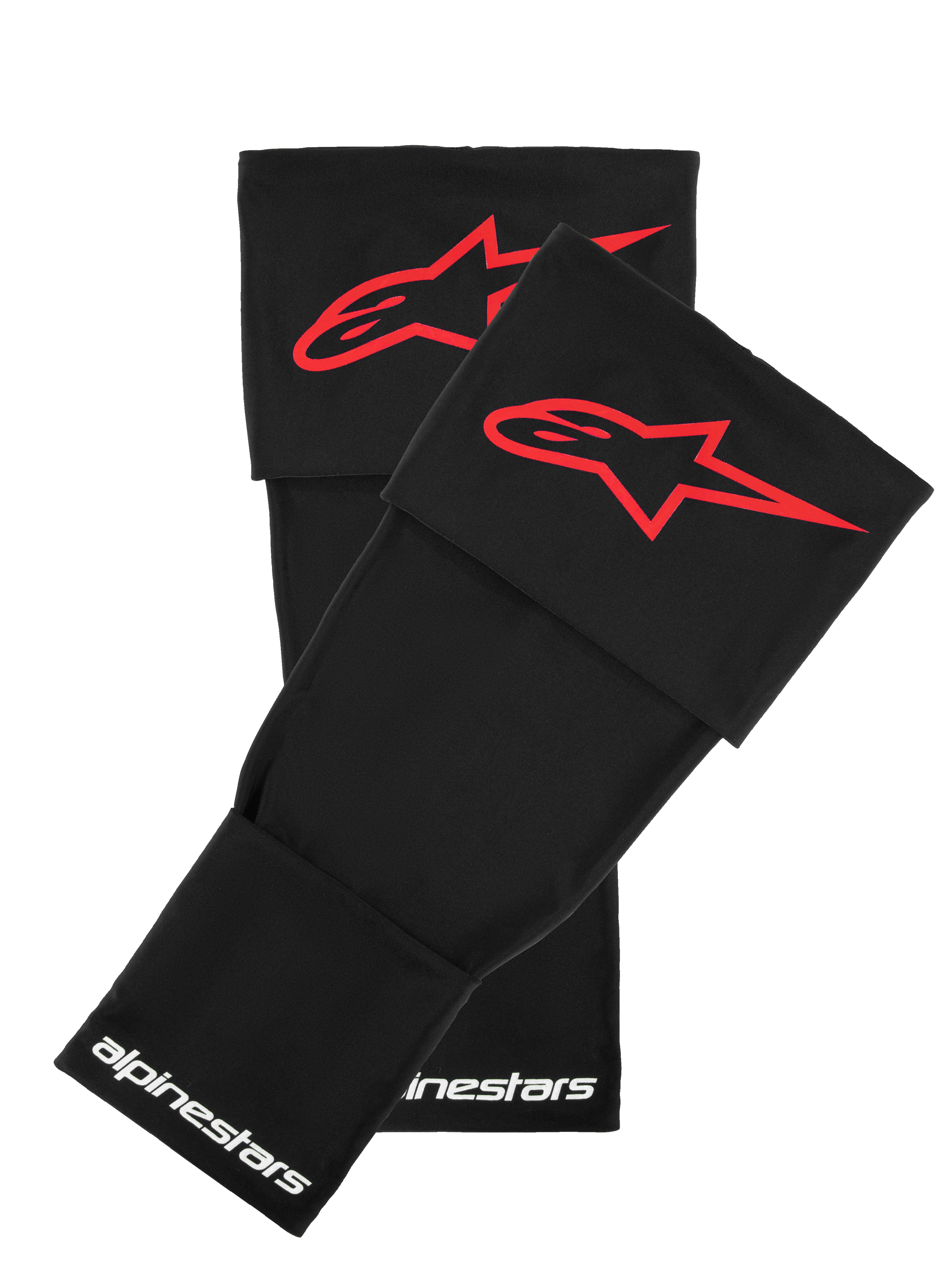 Alpinestars RK-S kniebrace mouwen, zwart met rood sterlogo, beschermend motoraccessoire, witte Alpinestars-belettering