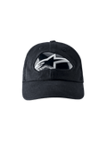 Alpinestars RSRV Shield Cap, zwarte baseballcap met glanzend zwart-wit logo, gebogen klep, premium streetwear, moderne stijl