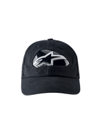 Alpinestars RSRV Shield Cap, zwarte baseballcap met glanzend zwart-wit logo, gebogen klep, premium streetwear, moderne stijl