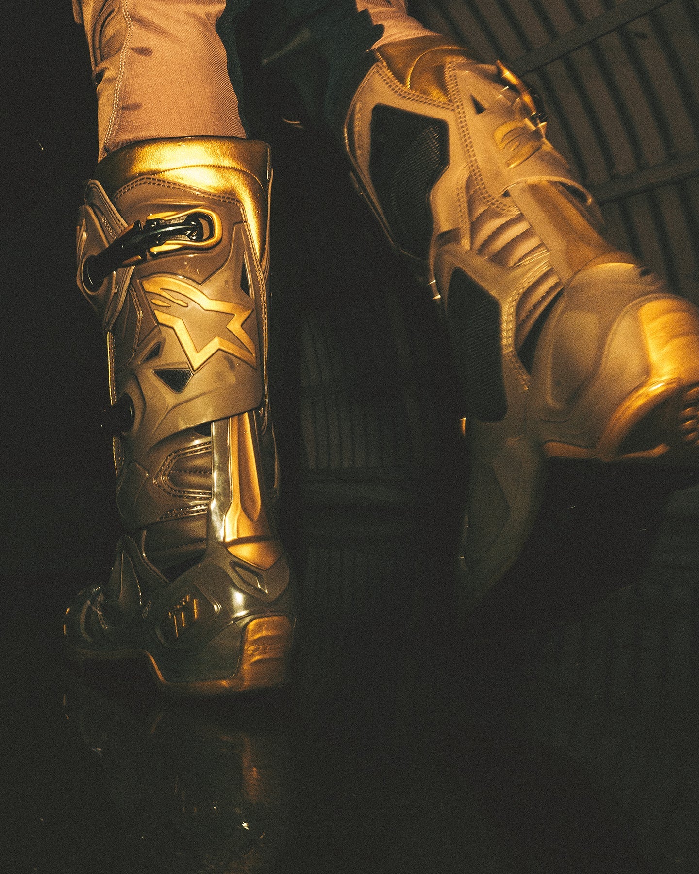 Alpinestars Limited Edition Tech 10 Air Gold Boots and Supertech Air Gold Pants, motocross gear in Earth Brown and Gold.