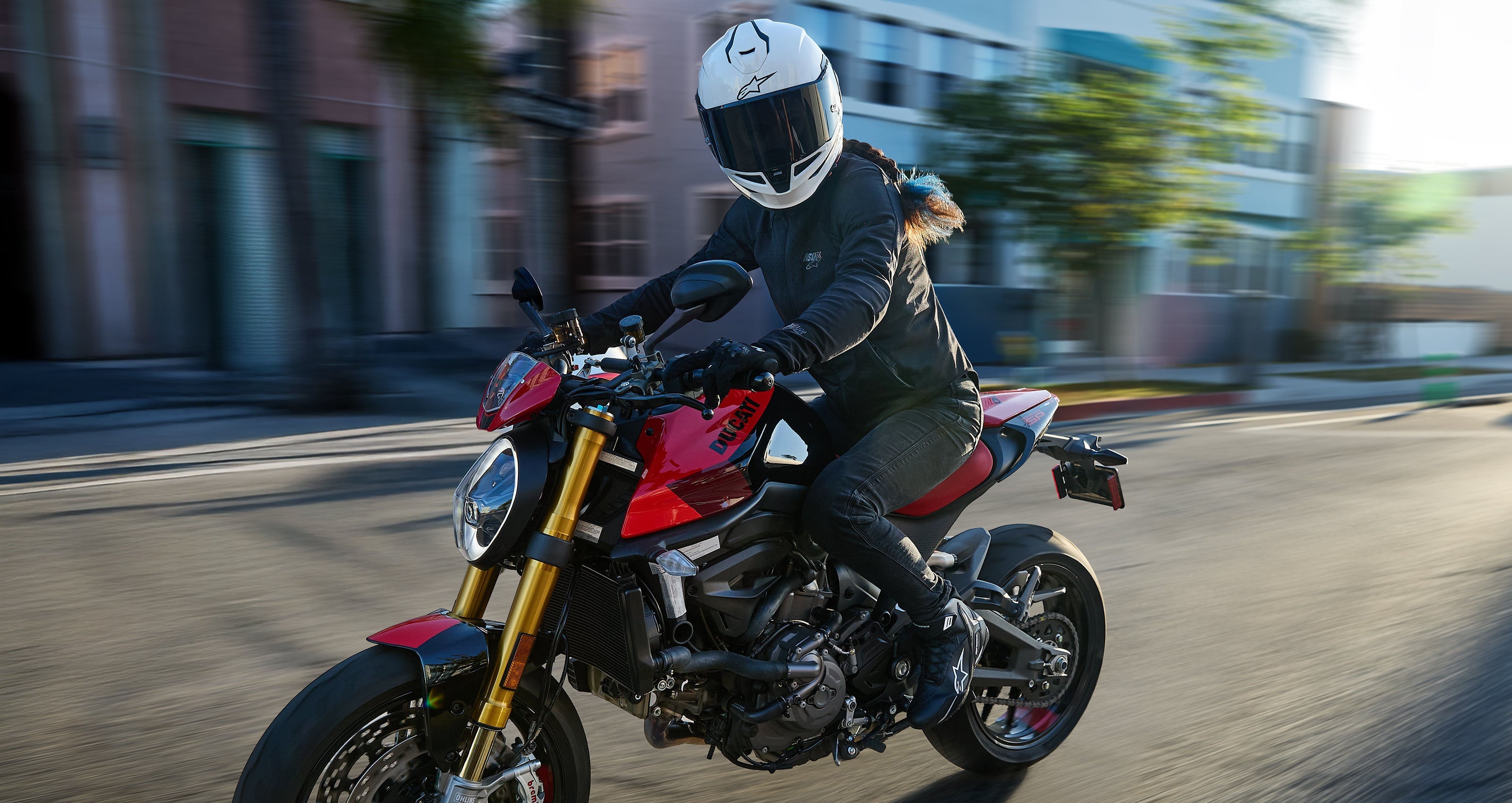 Alpinestars Stella Aeroshell Airflow Jacket, Urban Riding, Women's, Black Anthracite, ventilated textile, on a red motorcycle.
