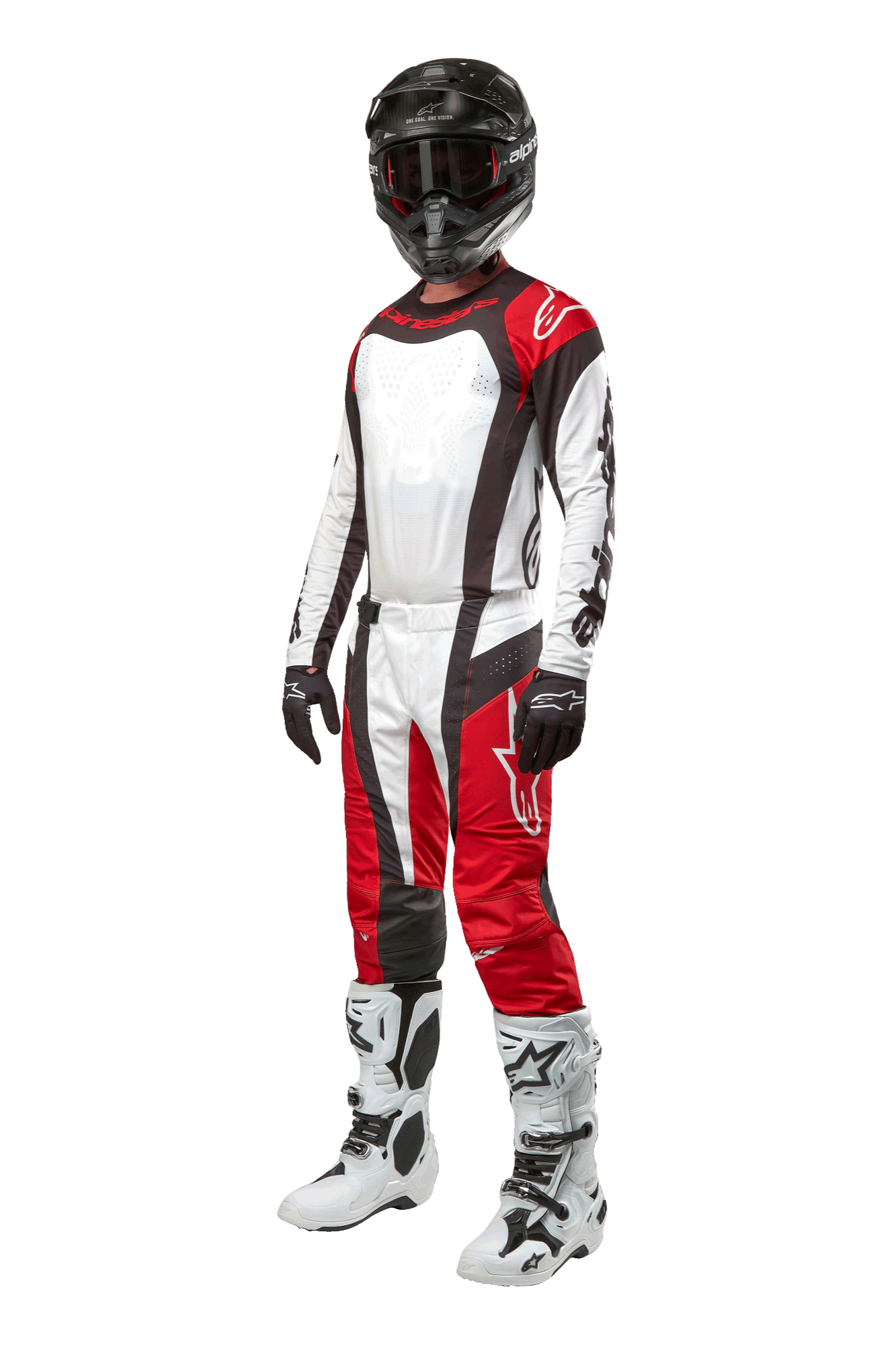 Motorcrosser in volledige Alpinestars uitrusting, 2024 Techstar Ocuri Pants in Mars Red White Black, bijpassend shirt, zwarte helm met crossbril, zwart-witte handschoenen en witte motorcrosslaarzen, professionele off-road race-outfit