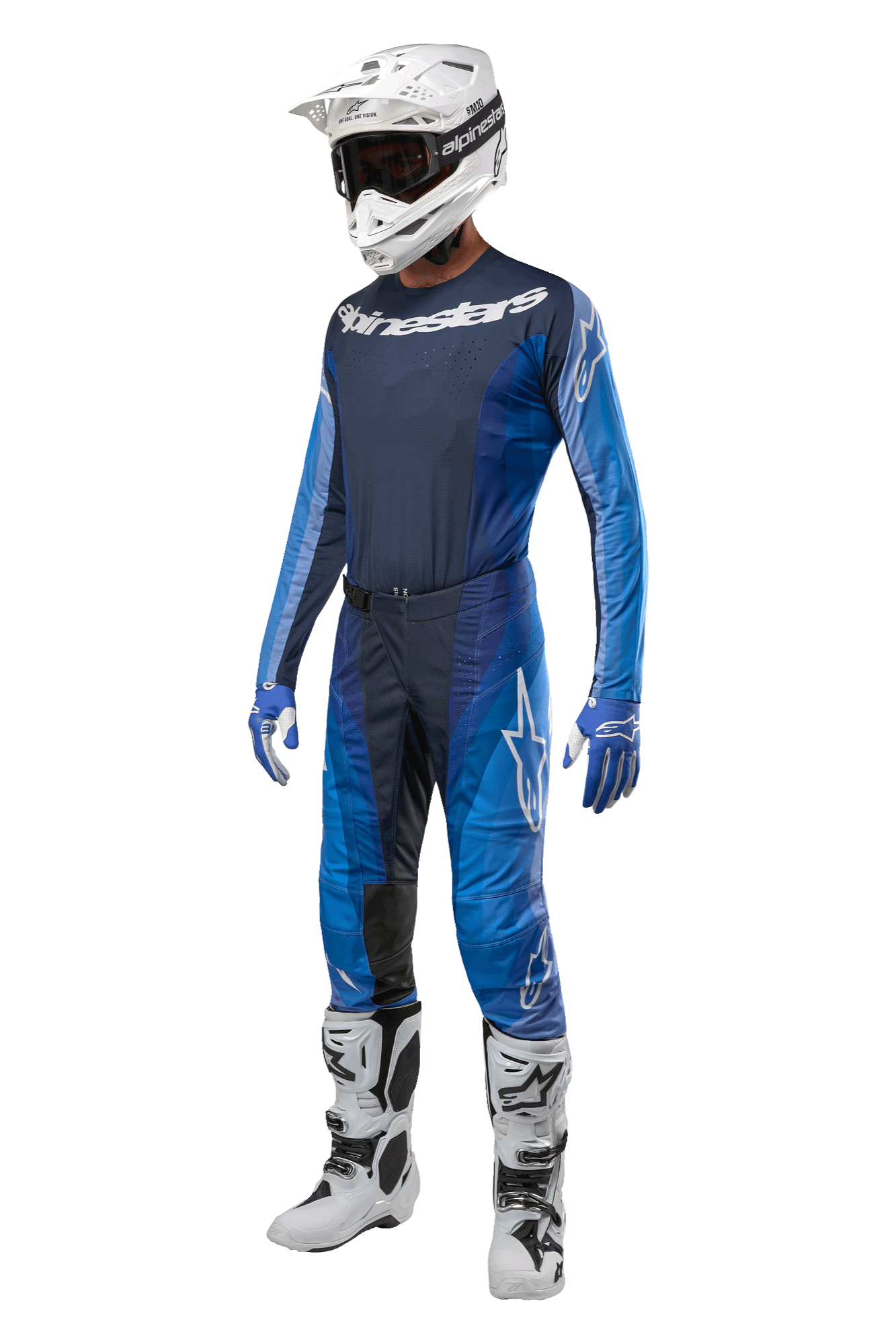 Alpinestars 2024 Techstar Pneuma crossbroek, motorcross broek, donkerblauw en lichtblauw, volledige racekit met bijpassende jersey, witte helm met bril, blauw-witte handschoenen en witte laarzen, professionele off-road gear setup