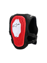 Alpinestars Tech-Air® MX Systeem, autonoom off-road airbagvest, achteraanzicht met een grote rode Nucleon PLASMA rugprotector met een honingraatstructuur, wit centraal paneel met zwart sterlogo, ademend zwart mesh chassis en verstelbare zijriemen