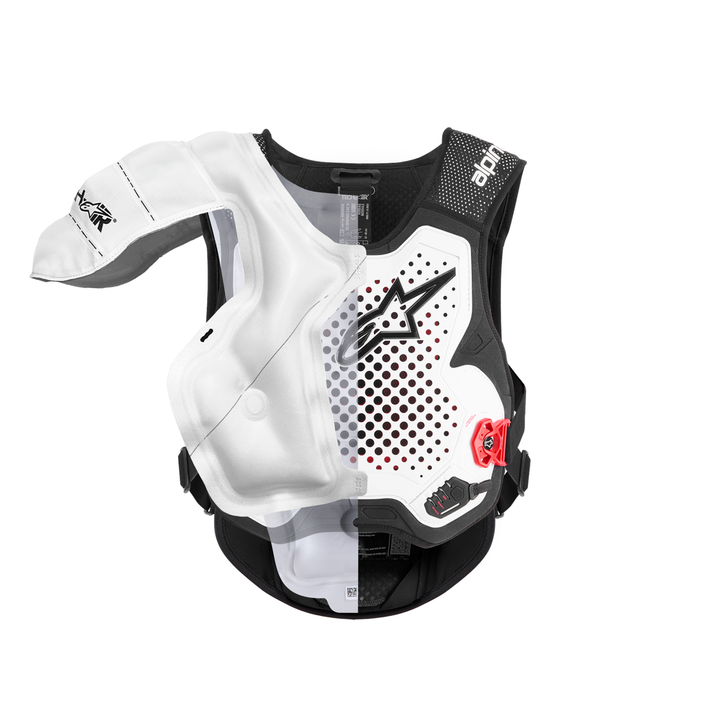 Alpinestars Tech-Air® MX Systeem, autonoom off-road airbagsysteem, opengewerkt aanzicht dat de interne witte opblaasbare airbag en het beschermende vest benadrukt, zwart en wit chassis met rode accenten, biedt bescherming voor schouders en borst.