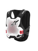 Alpinestars Tech-Air® MX-systeem, autonoom off-road airbagvest, wit en zwart, geperforeerde witte borstplaat met zwart logo, rode zijgespen, zwart stretch mesh chassis, geavanceerde motocross- en supercross-bescherming