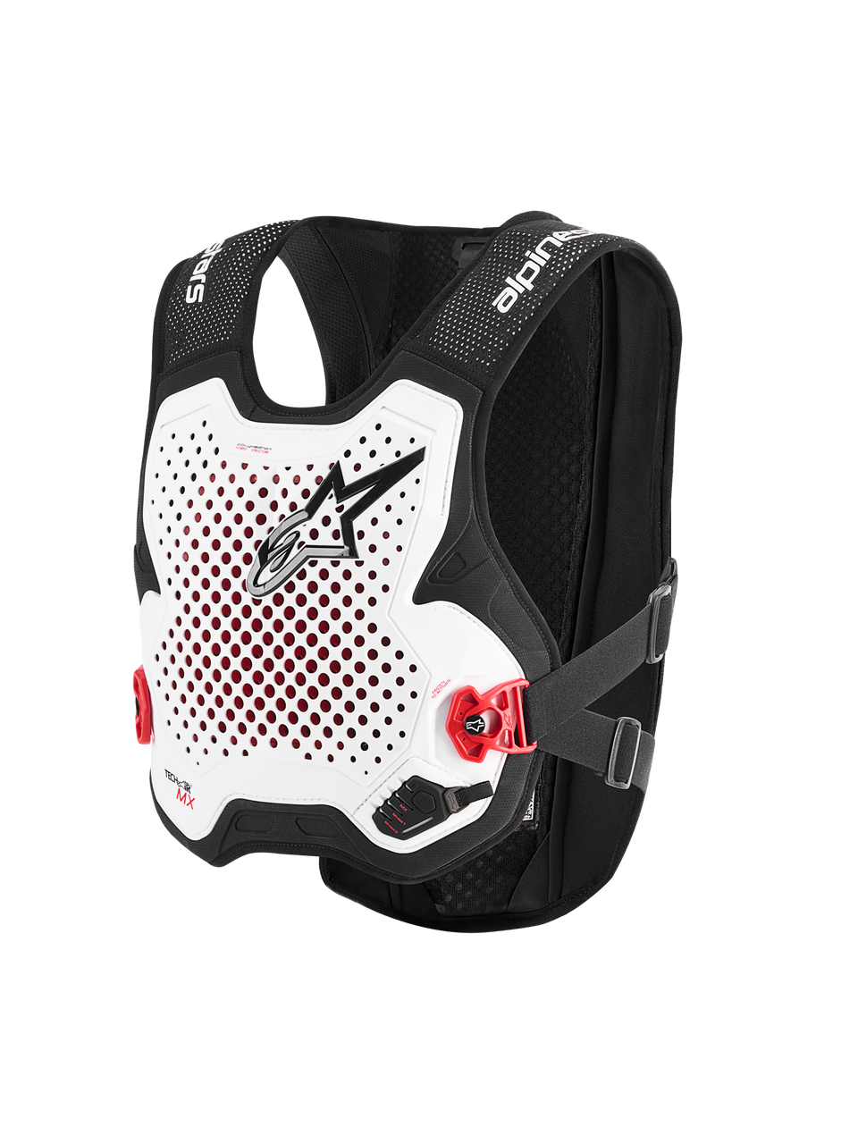 Alpinestars Tech-Air® MX-systeem, autonoom off-road airbagvest, wit en zwart, geperforeerde witte borstplaat met zwart logo, rode zijgespen, zwart stretch mesh chassis, geavanceerde motocross- en supercross-bescherming