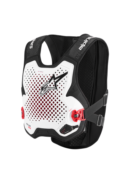 Alpinestars Tech-Air MX System, motorcross airbag beschermingsvest, zwart en wit met rode gespen, draadloos elektronisch airbagsysteem voor off-road, getextureerd ontwerp met ventilatie