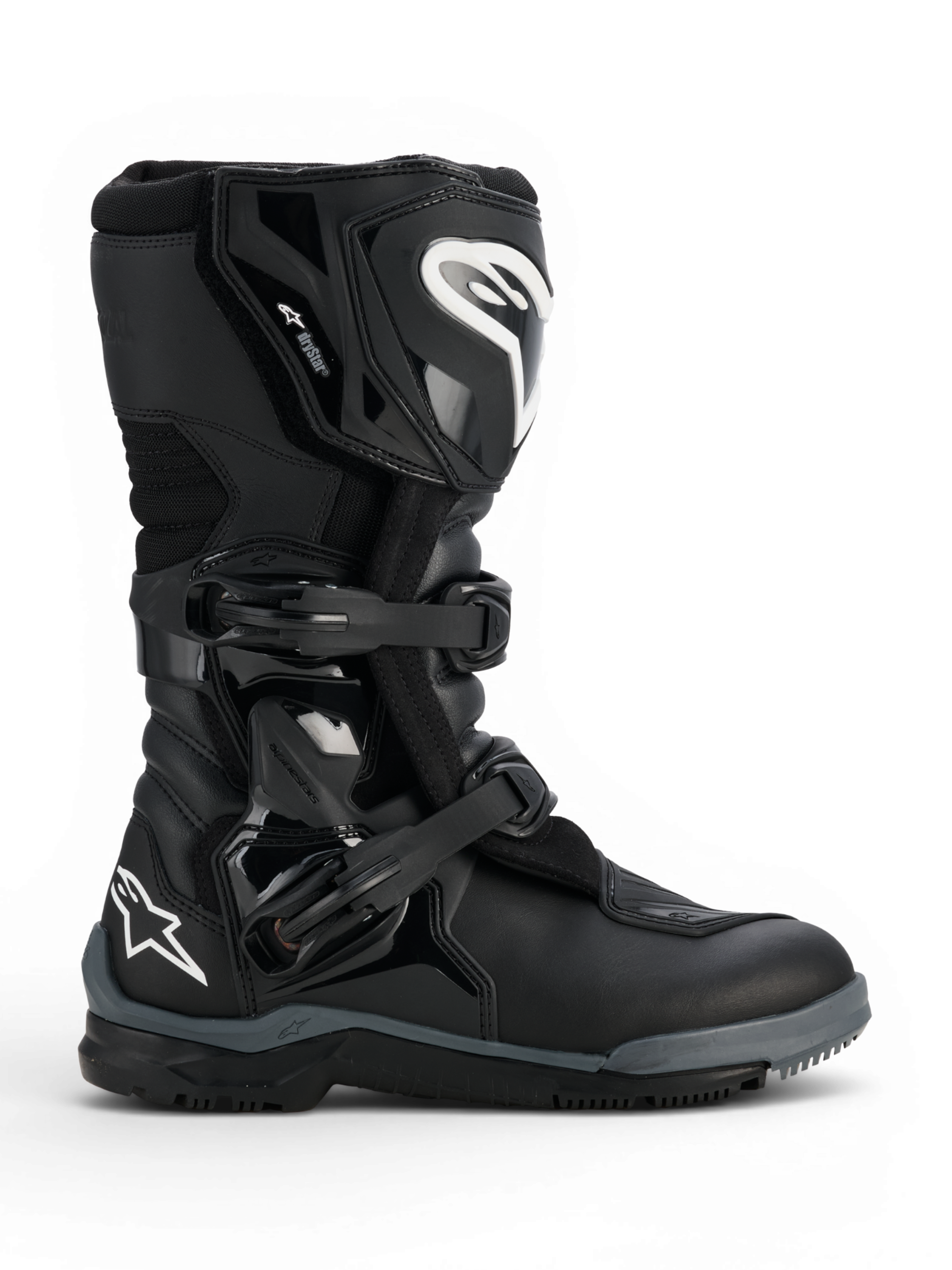 Alpinestars Corozal V2 Adventure Drystar® Boots, black adventure motorcycle boot with protective shin and ankle panels, adjustable buckles, textured shift pad and all-terrain sole.