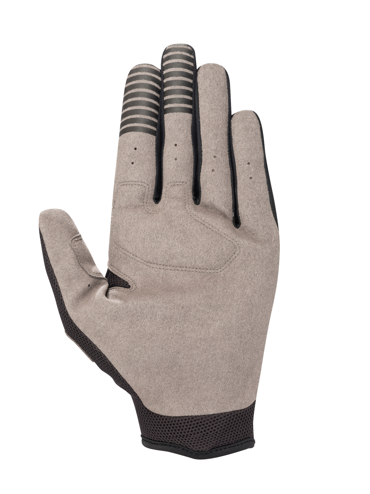 Alpinestars Engine handschoenen, binnenzijde van de hand, zwart en grijs, voorzien van een synthetisch suède handpalm met geleidende zwarte strepen op de wijs- en middelvingertoppen, zwart mesh bij de pols en duim, en kleine ventilatiegaten op de vingers.