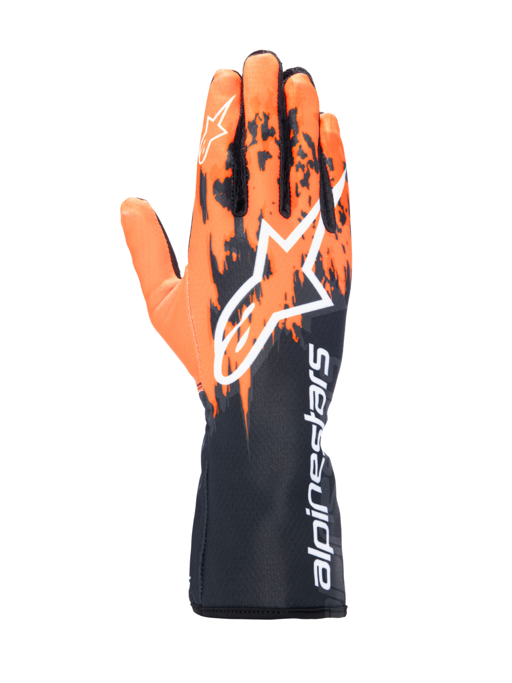 Alpinestars Tech-1 K V3 handschoenen, karthandschoenen, zwart, oranje en wit, voorzien van een gesublimeerd grafisch ontwerp met oranje penseelstreekpatronen op een zwarte basis, groot wit Astar-logo op de handrug, verticale Alpinestars-tekst op de manchet, professionele kartuitrusting
