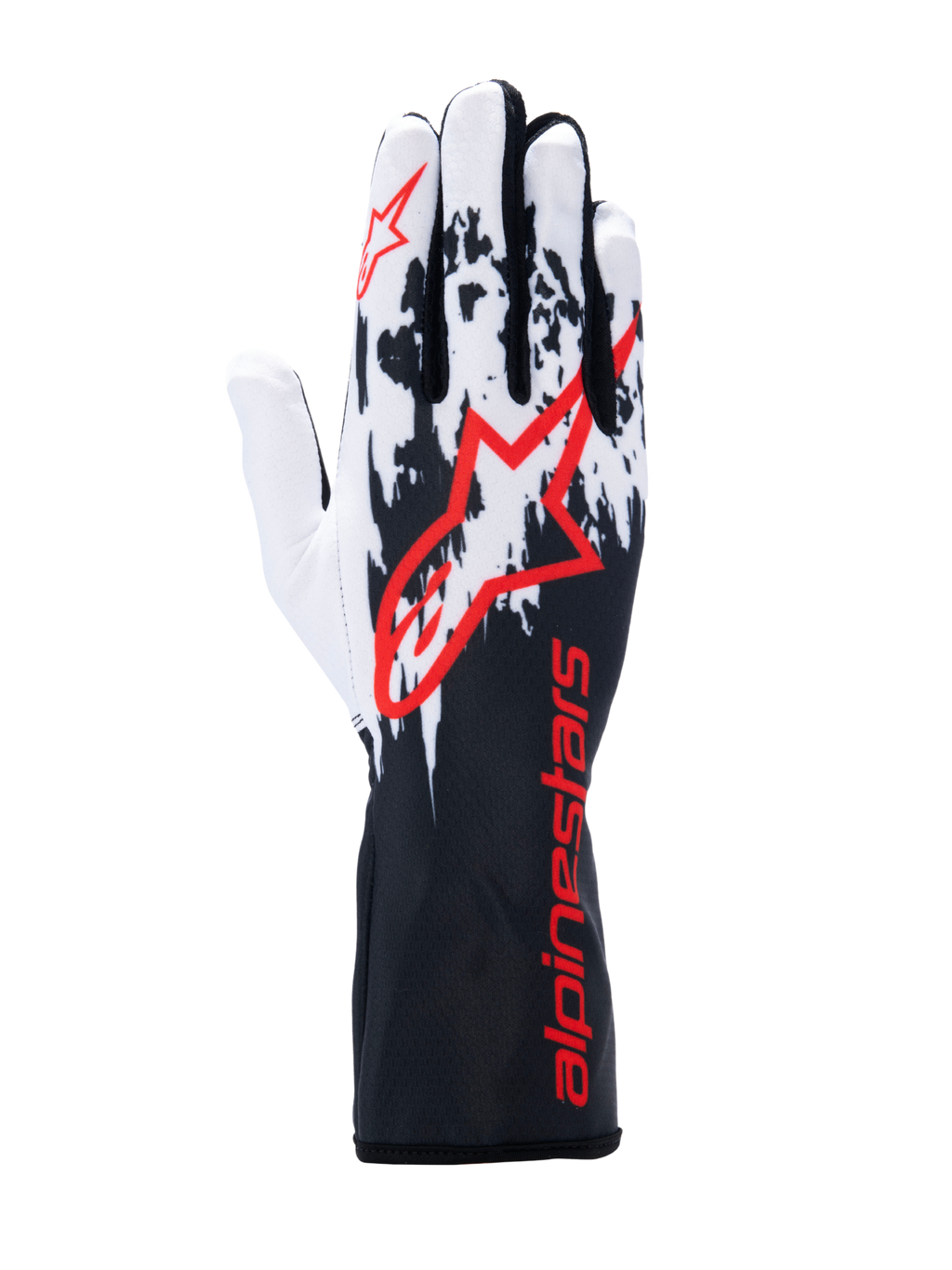 Alpinestars Tech-1 K V3 handschoenen, karthandschoenen, zwart wit rood, voorzien van een wit en zwart gespikkeld grafisch ontwerp op de rug, groot rood Alpinestars-logo, rode merkdetails op de lange manchet, professionele motorsportuitrusting