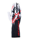 Alpinestars Tech-1 K V3 handschoenen, karthandschoenen, zwart wit rood, voorzien van een wit en zwart gespikkeld grafisch ontwerp op de rug, groot rood Alpinestars-logo, rode merkdetails op de lange manchet, professionele motorsportuitrusting