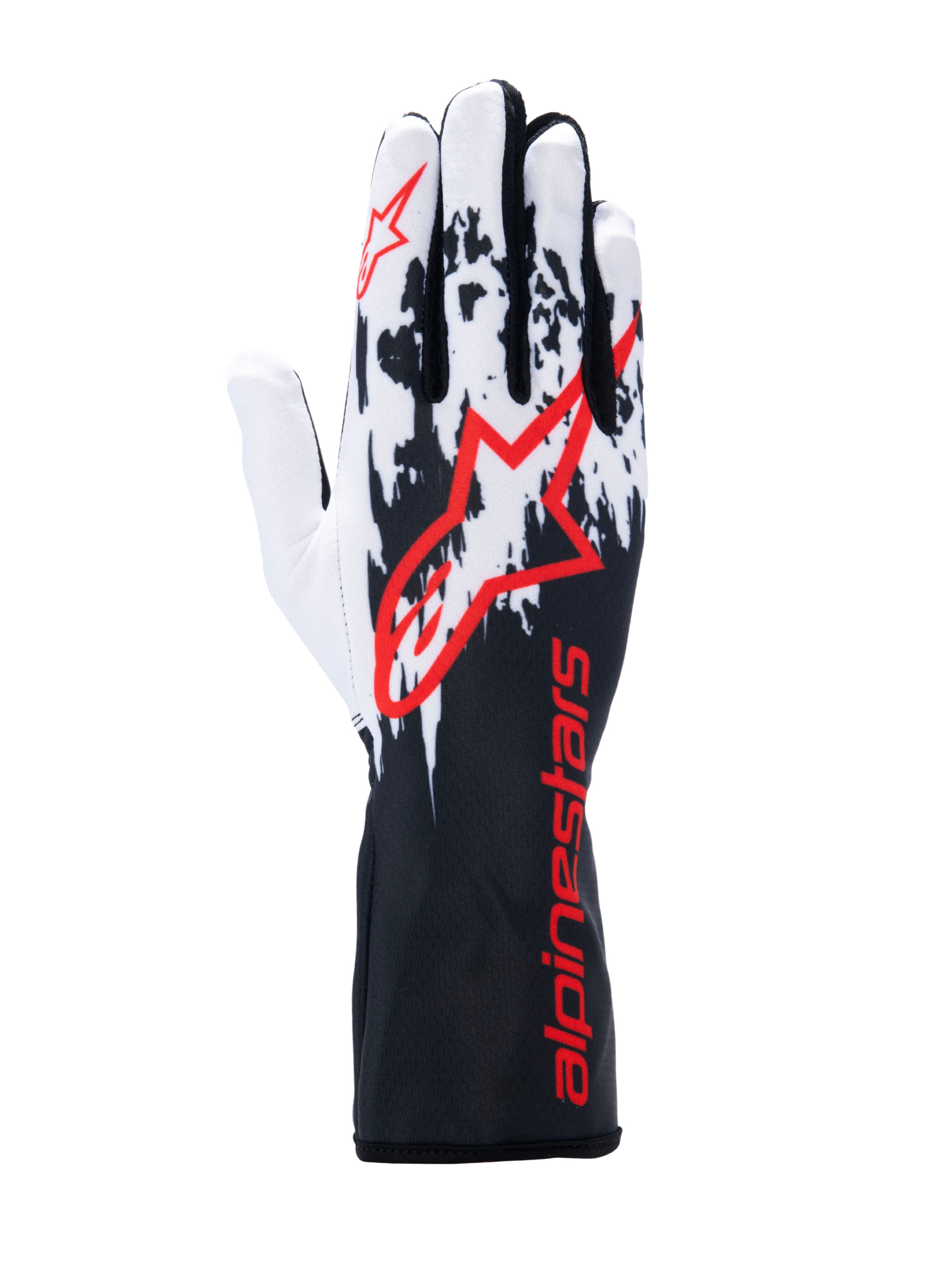 Alpinestars Tech-1 K V3 handschoenen, karthandschoenen, zwart wit rood, voorzien van een wit en zwart gespikkeld grafisch ontwerp op de rug, groot rood Alpinestars-logo, rode merkdetails op de lange manchet, professionele motorsportuitrusting