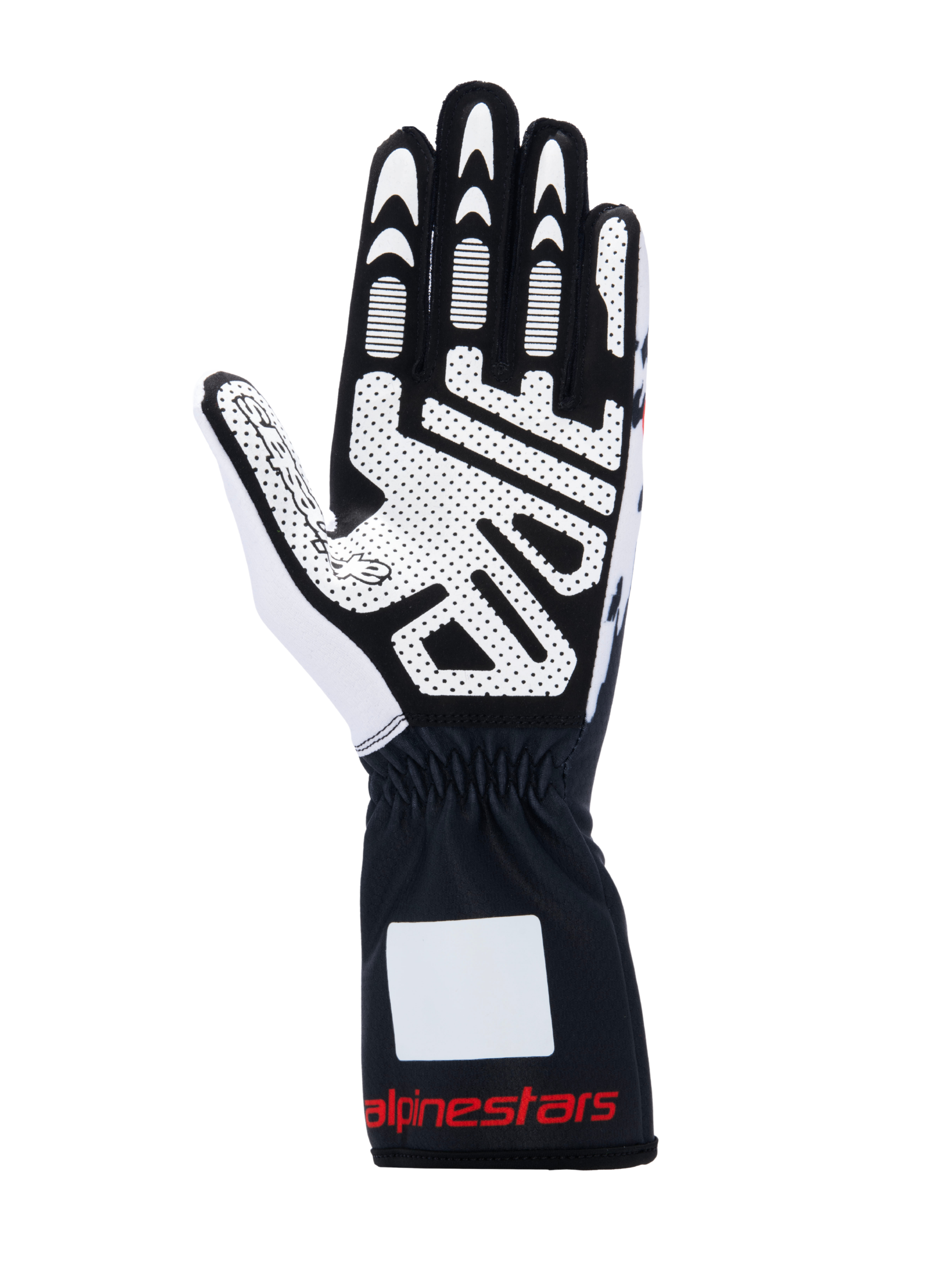 Alpinestars Tech-1 K V3 handschoenen, karthandschoenen, zwart, wit en rood, handpalmaanzicht met siliconenprint voor hoge grip, synthetisch suède materiaal, gauntlet-manchet met rode branding, professionele kartuitrusting