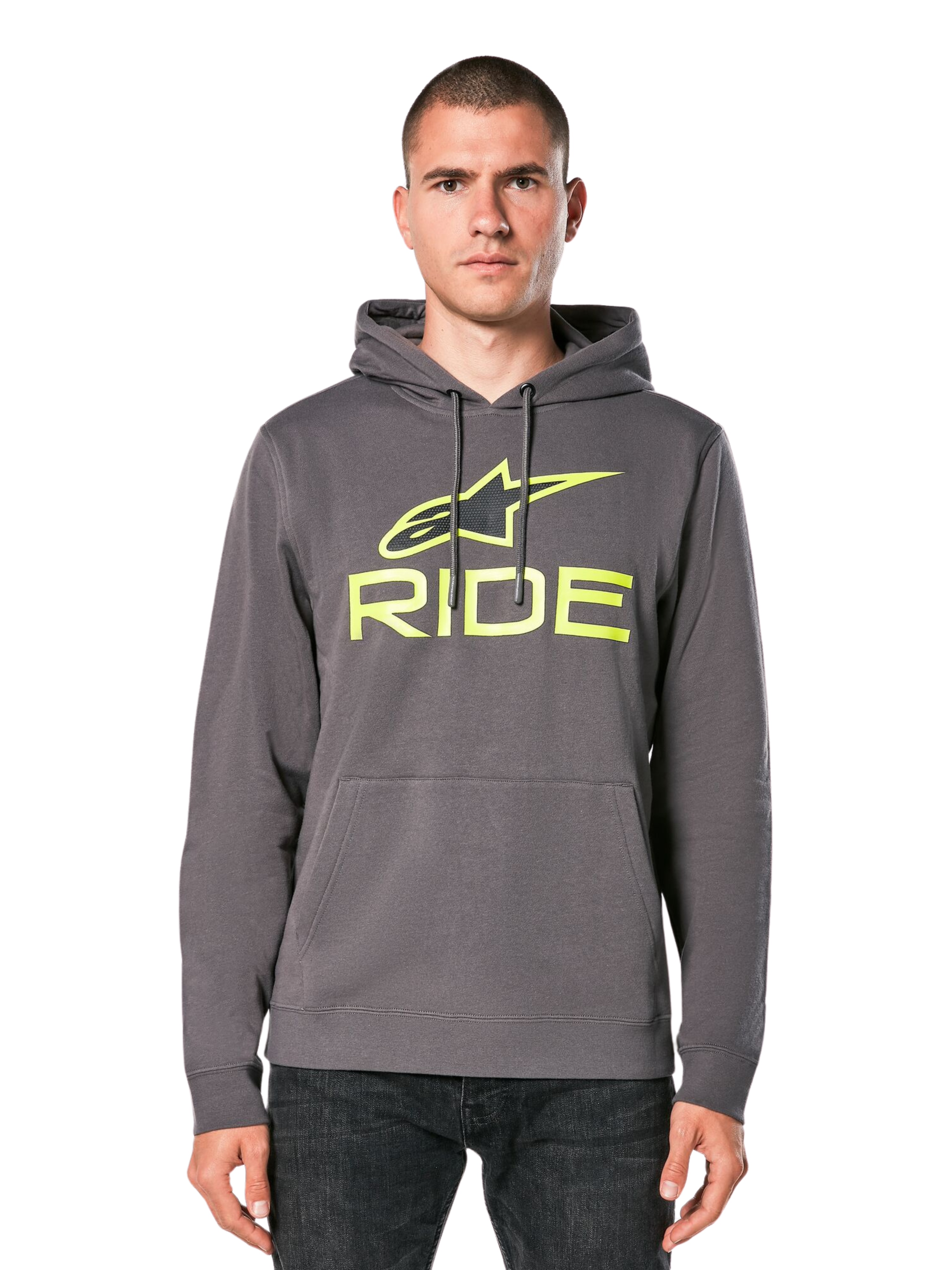 Alpinestars Ride Hoodie V 3, antracietgrijze pullover hoodie met limoengroen RIDE-logo, voorzien van een kangoeroezak aan de voorzijde en een capuchon met trekkoord, casual op motorsport geïnspireerde streetwear