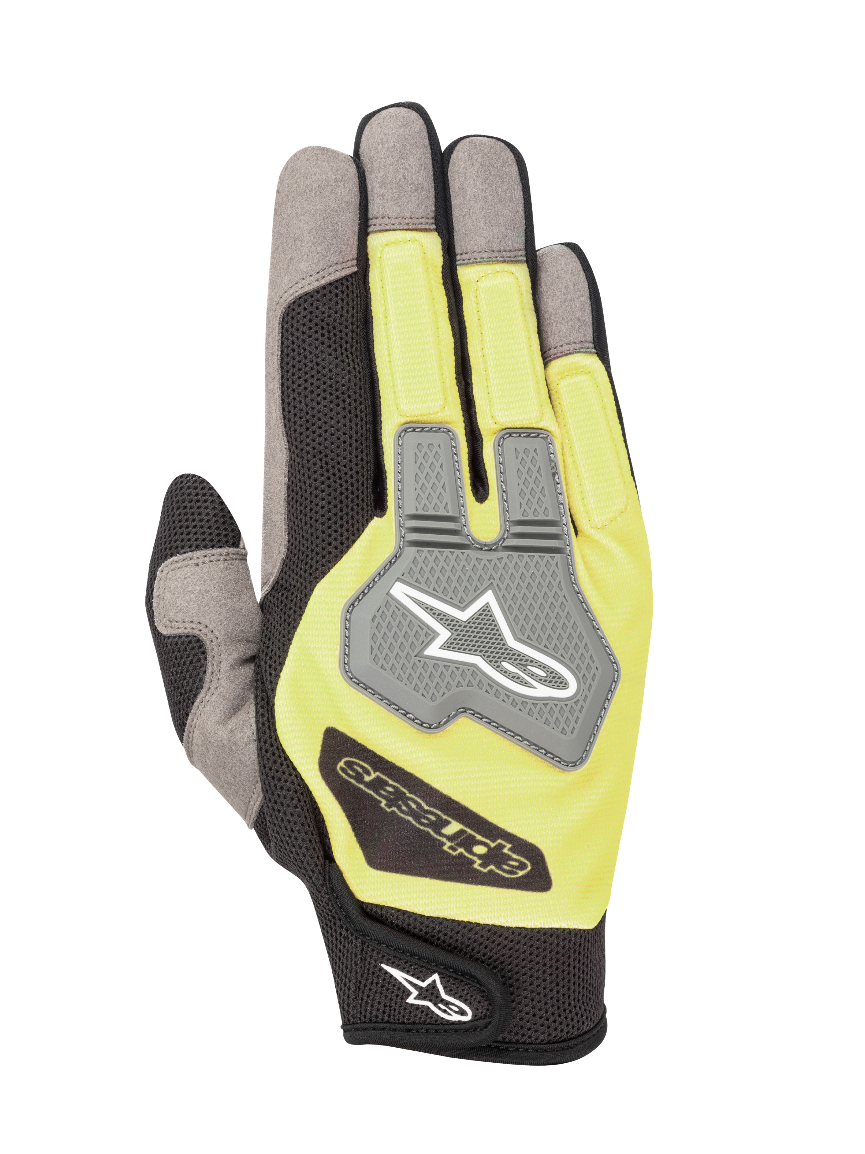 Alpinestars Engine handschoenen, kart- en monteurs-handschoenen, zwart en fluorescerend geel, bovenaanzicht met grijze mesh-panelen en een TPR-knokkelbeschermer met Alpinestars-logo, lichtgewicht en ademende multi-materiaal constructie