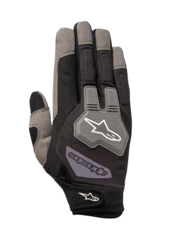 Alpinestars Engine Gloves, Mechanic Gloves, Black and Gray, featuring breathable mesh construction, gray TPR knuckle protector with white star logo, adjustable wrist strap with branding, durable multi-material design for workshop and pit work
