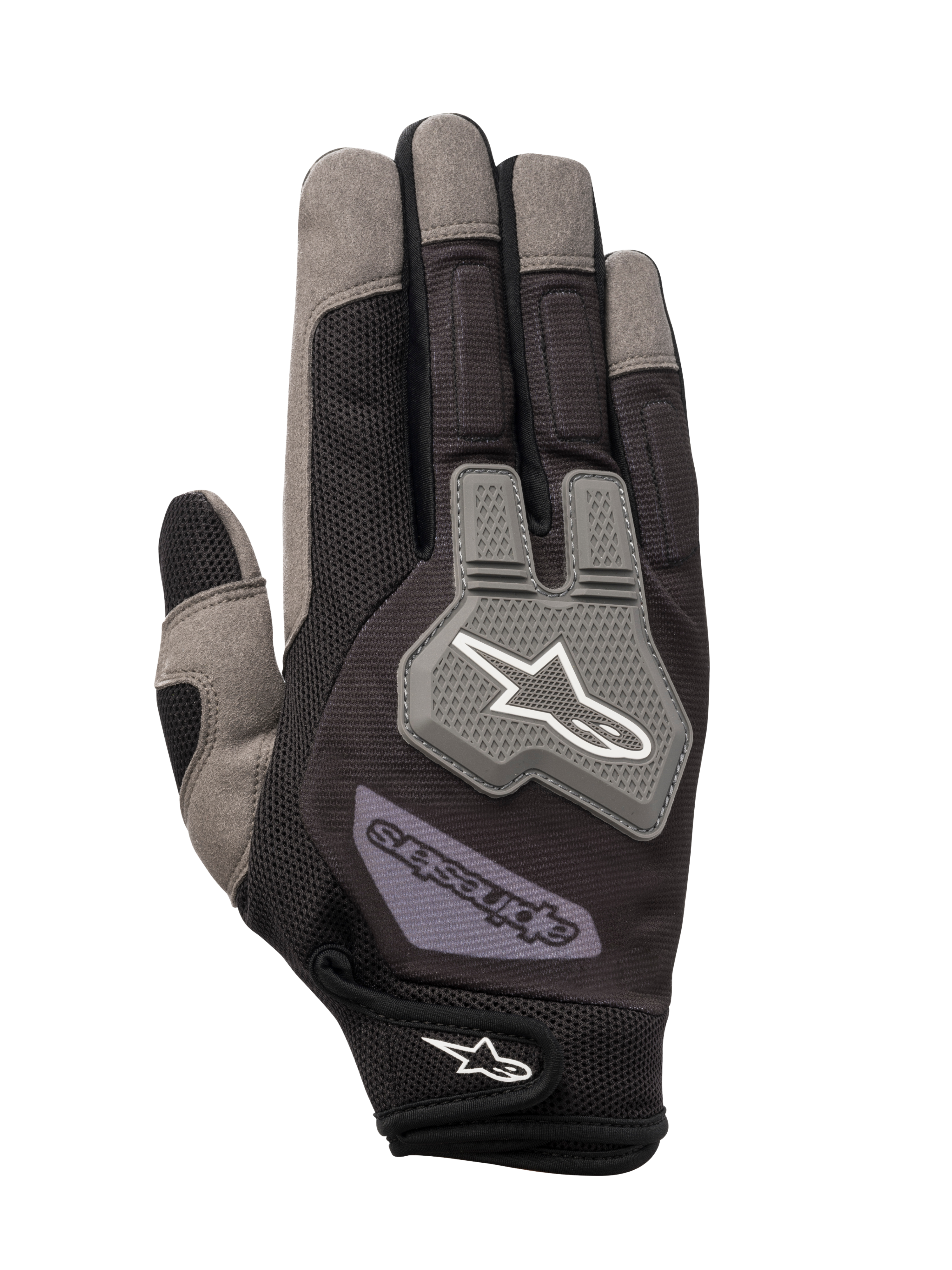 Alpinestars Engine handschoenen, monteurshandschoenen, zwart en grijs, ademende mesh-constructie, grijze TPR-knokkelbeschermer met wit sterlogo, verstelbare polsband met merklogo, duurzaam multi-materiaal ontwerp voor werkplaats- en pitwerk