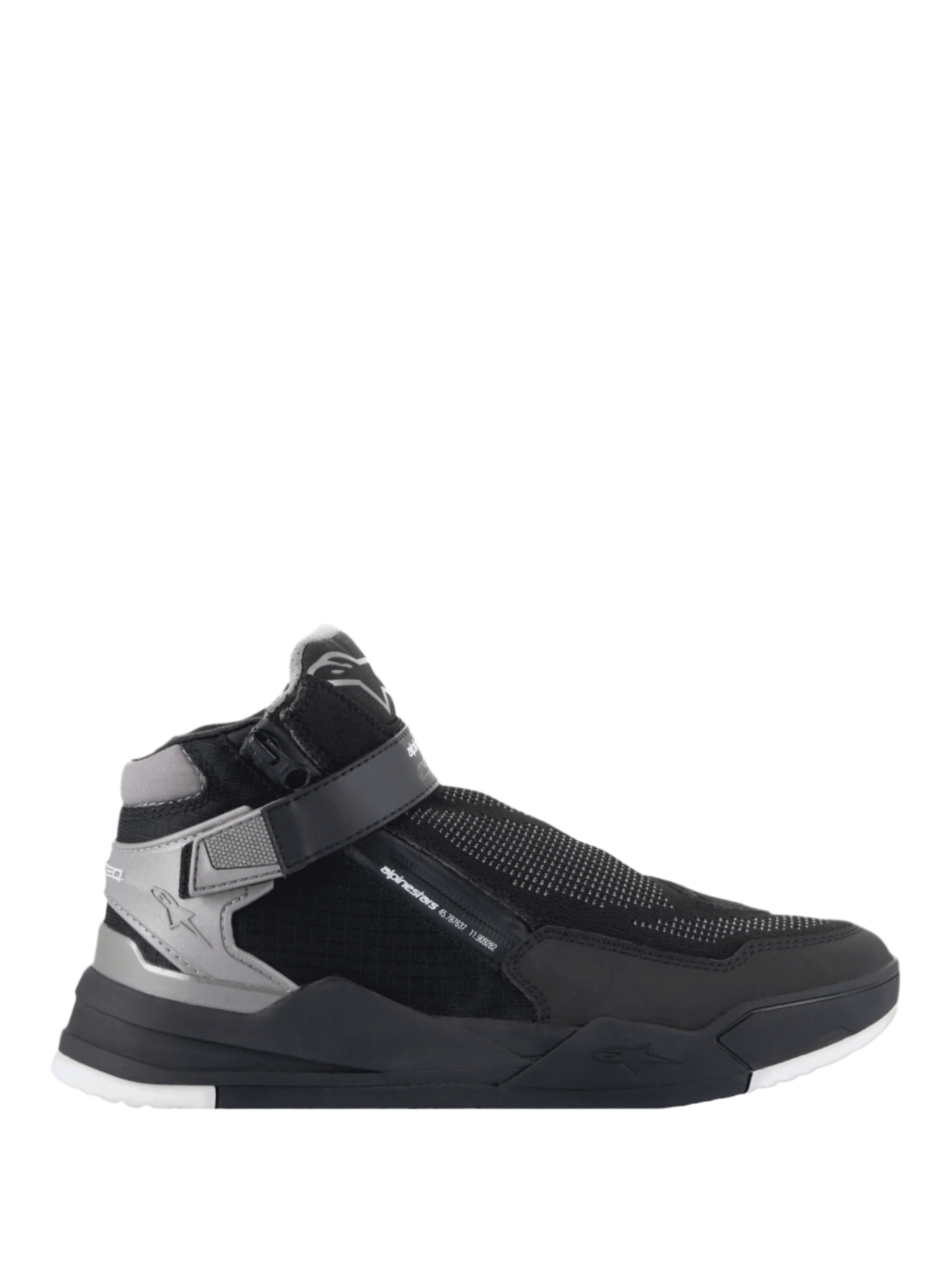 Alpinestars Speedflight Street Shoes, motorschoenen, zwart en gunmetal, hoge sneaker met een getextureerd mesh bovenwerk, ritssluiting aan de zijkant en enkelbandsluiting, dikke zwarte zool met witte details, urban rijstijl