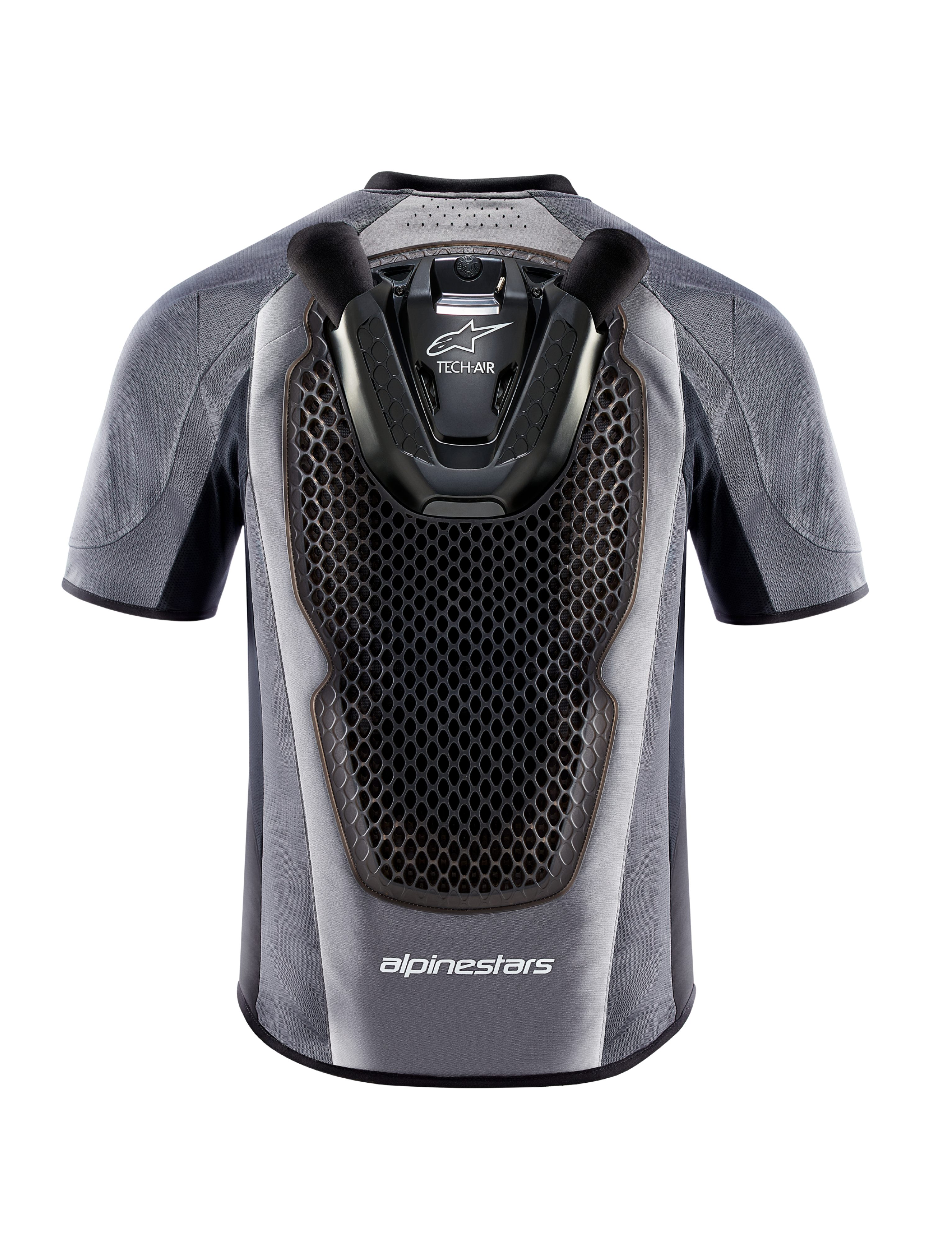 Tech-Air 5 Systeem motorairbagvest, achteraanzicht in grijs en zwart met geïntegreerde honingraat rugbeschermer.