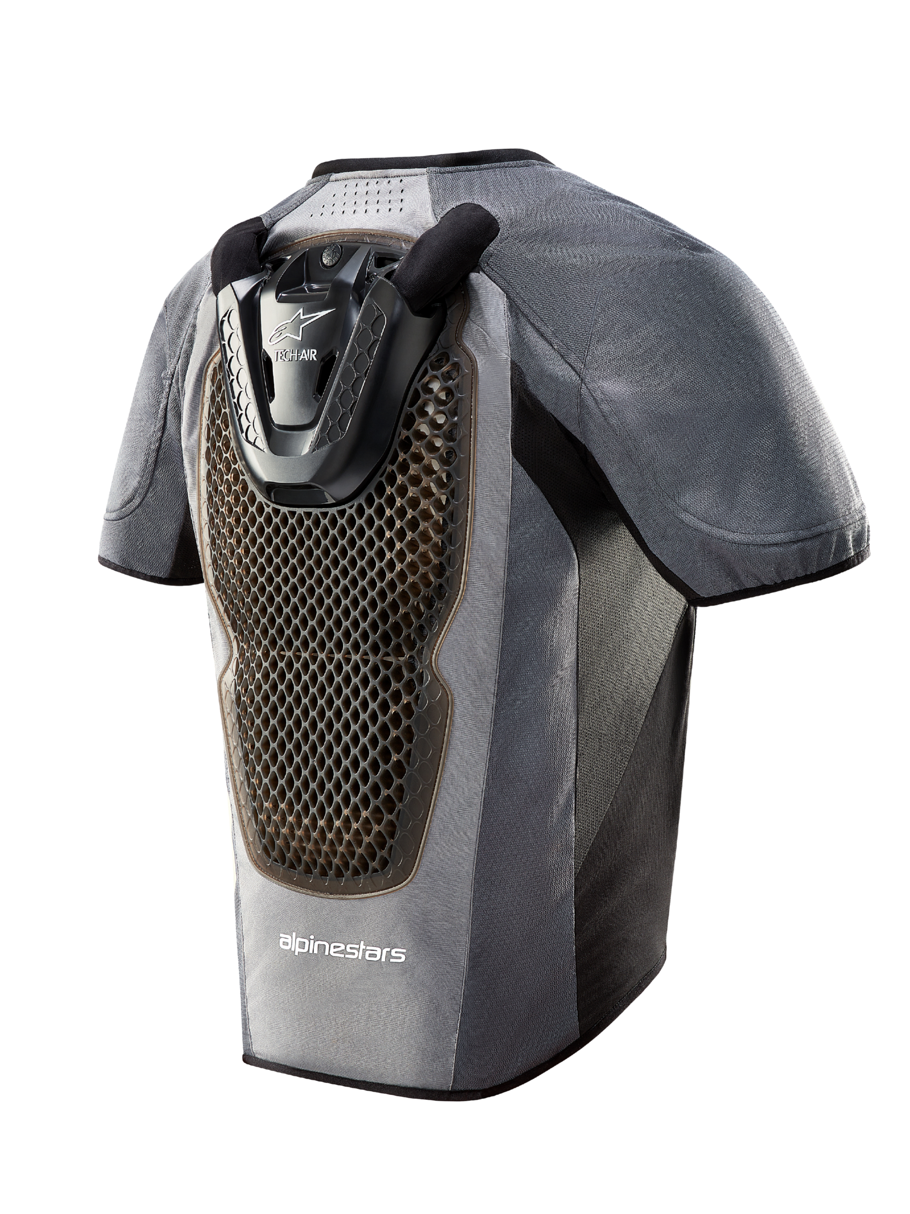 Tech-Air 5 Systeem airbagvest, donkergrijs en zwart, achteraanzicht met grote rugbeschermer met honingraatstructuur.