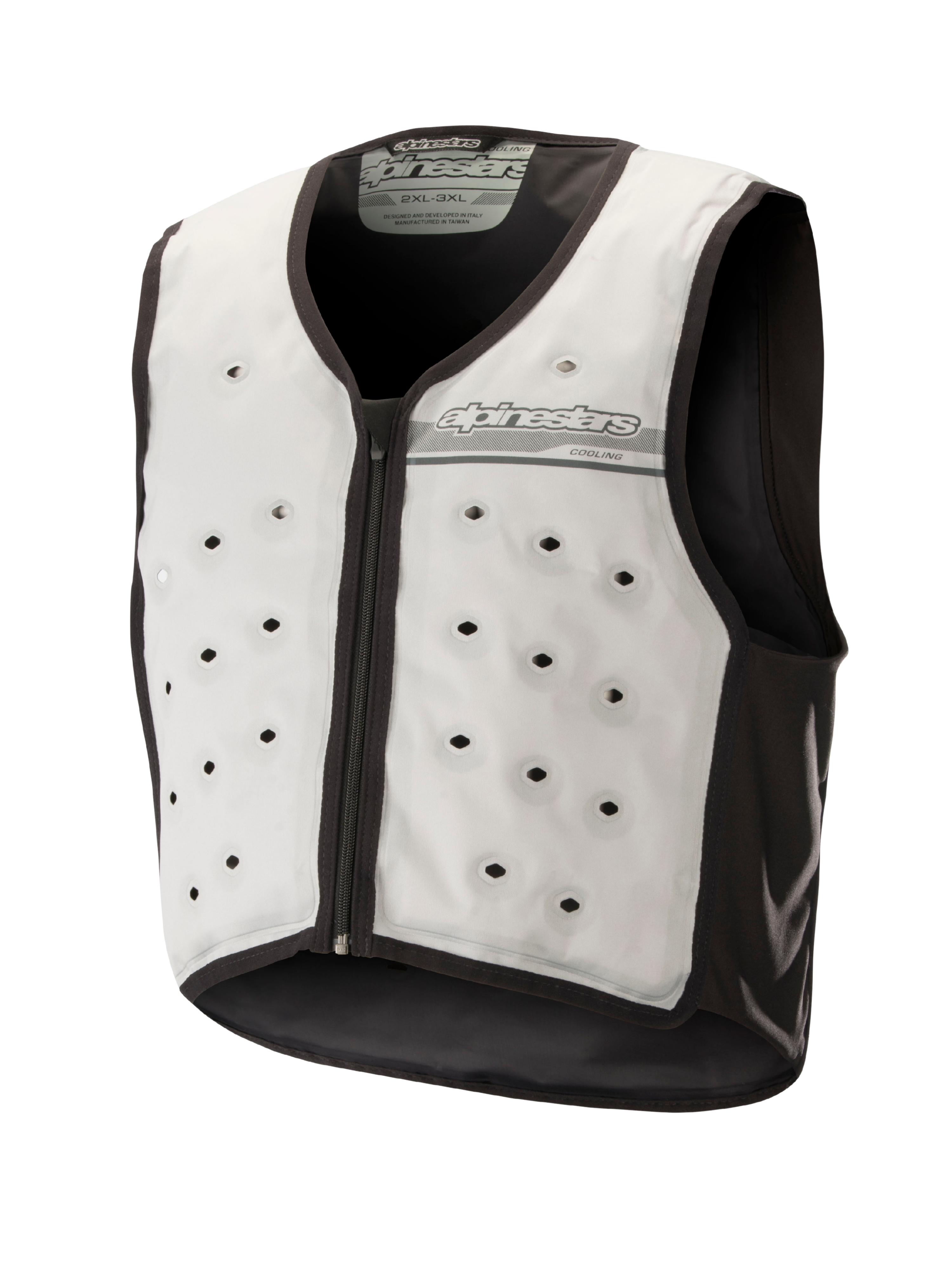 Alpinestars Cooling Vest, lichtgrijs en donkergrijs, mouwloze basislaag voor motorrijders met ronde ventilatieopeningen, ritssluiting aan de voorzijde en vochtafvoerende textielconstructie voor rijden in warm weer