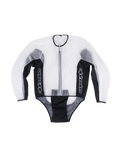 Alpinestars Racing Regenjas, waterdichte transparante motorjas, transparant en zwart, witte verticale logo's op de zijpanelen, ritssluiting aan de voorzijde, voorgevormd ontwerp voor over leren motorpakken, functionele regenkleding voor op het circuit