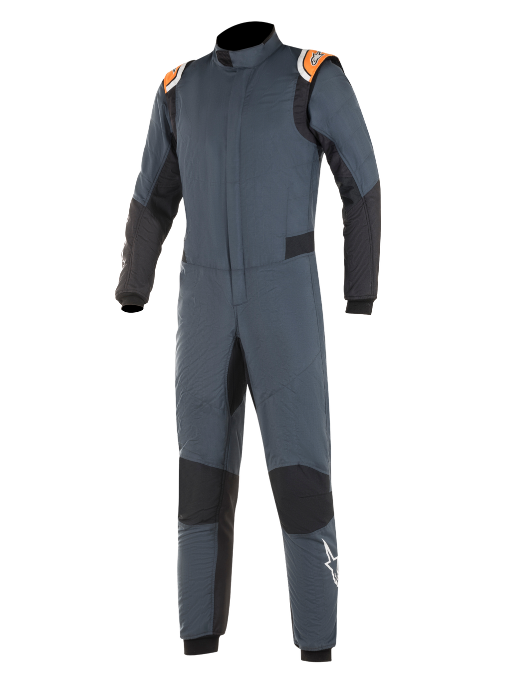 Alpinestars Hypertech Suit, Auto Racing Suit, Asphalt Gray and Black with Orange Fluo accents, featuring black stretch panels, orange shoulder epaulettes with branding, and white star logo on the leg, professional two-layer fire-resistant construction for motorsport performance