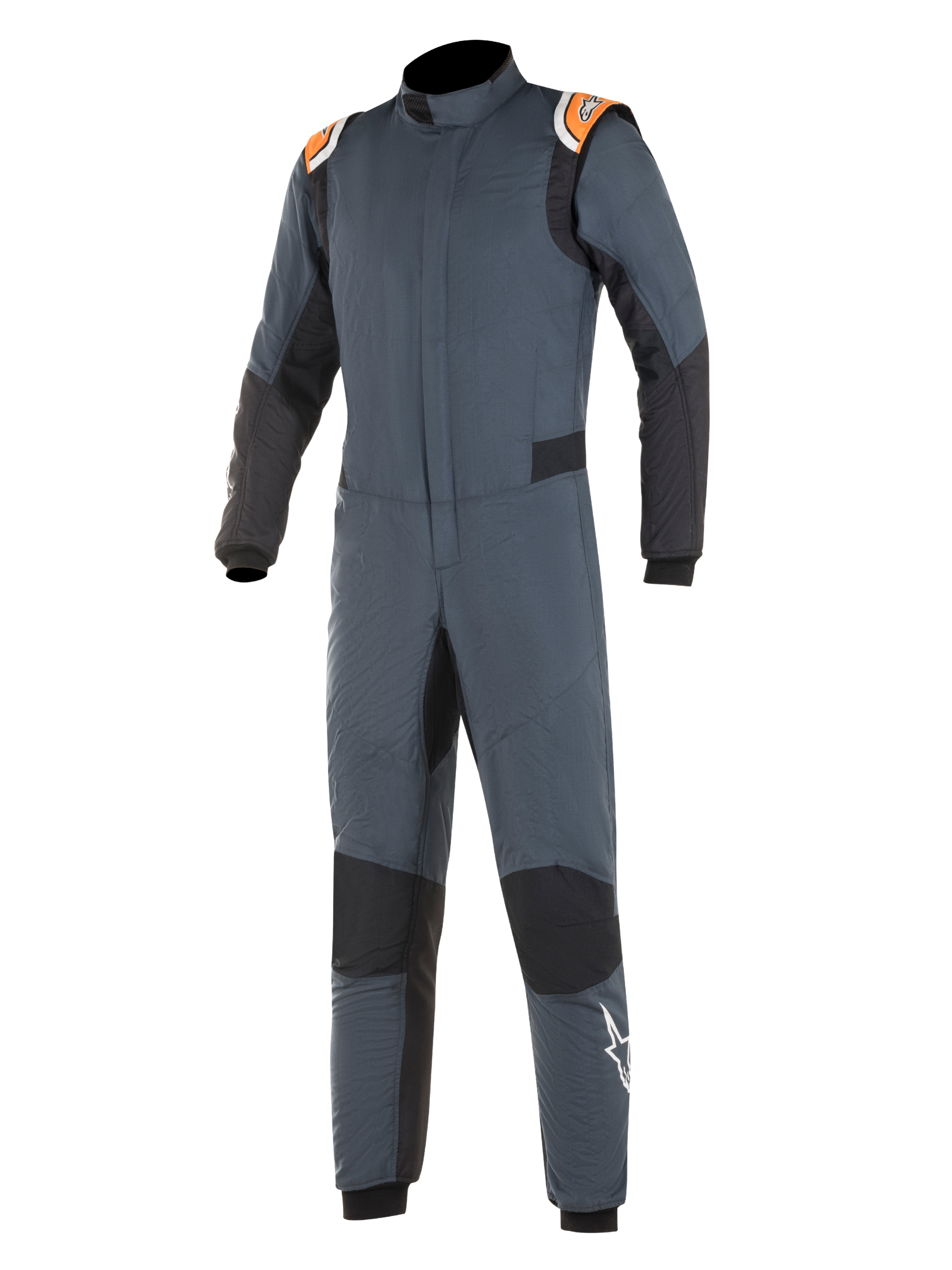 Alpinestars Hypertech Suit, autoracepak, asfaltgrijs en zwart met fluororanje accenten, voorzien van zwarte stretchpanelen, oranje schouderstukken met branding en wit sterlogo op het been, professionele tweelaagse brandwerende constructie voor autosportprestaties