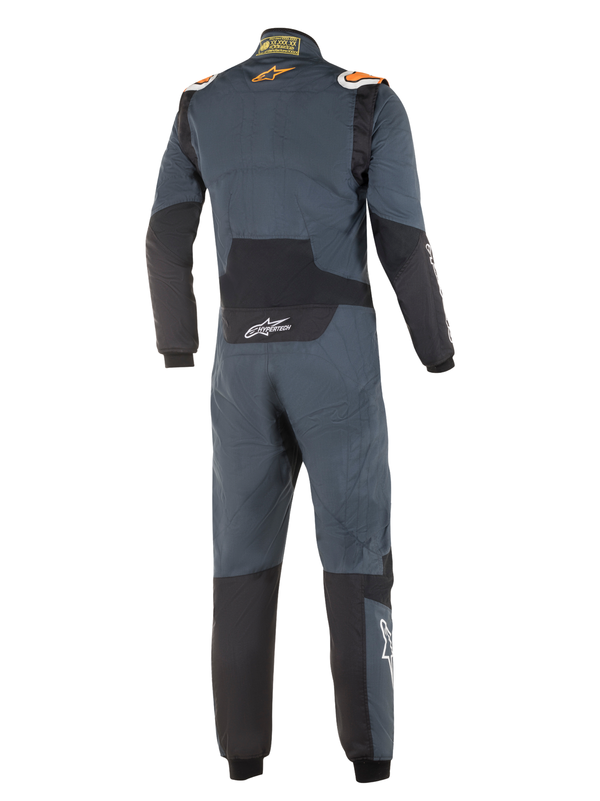 Alpinestars Hypertech-pak, professioneel autoracepak, Asphalt grijs en fluo oranje, achteraanzicht, voorzien van zwarte stretchpanelen op de onderrug en ellebogen, oranje Alpinestars-logo's op de schouders en witte Hypertech-branding, gestroomlijnd FIA-gecertificeerd ontwerp.