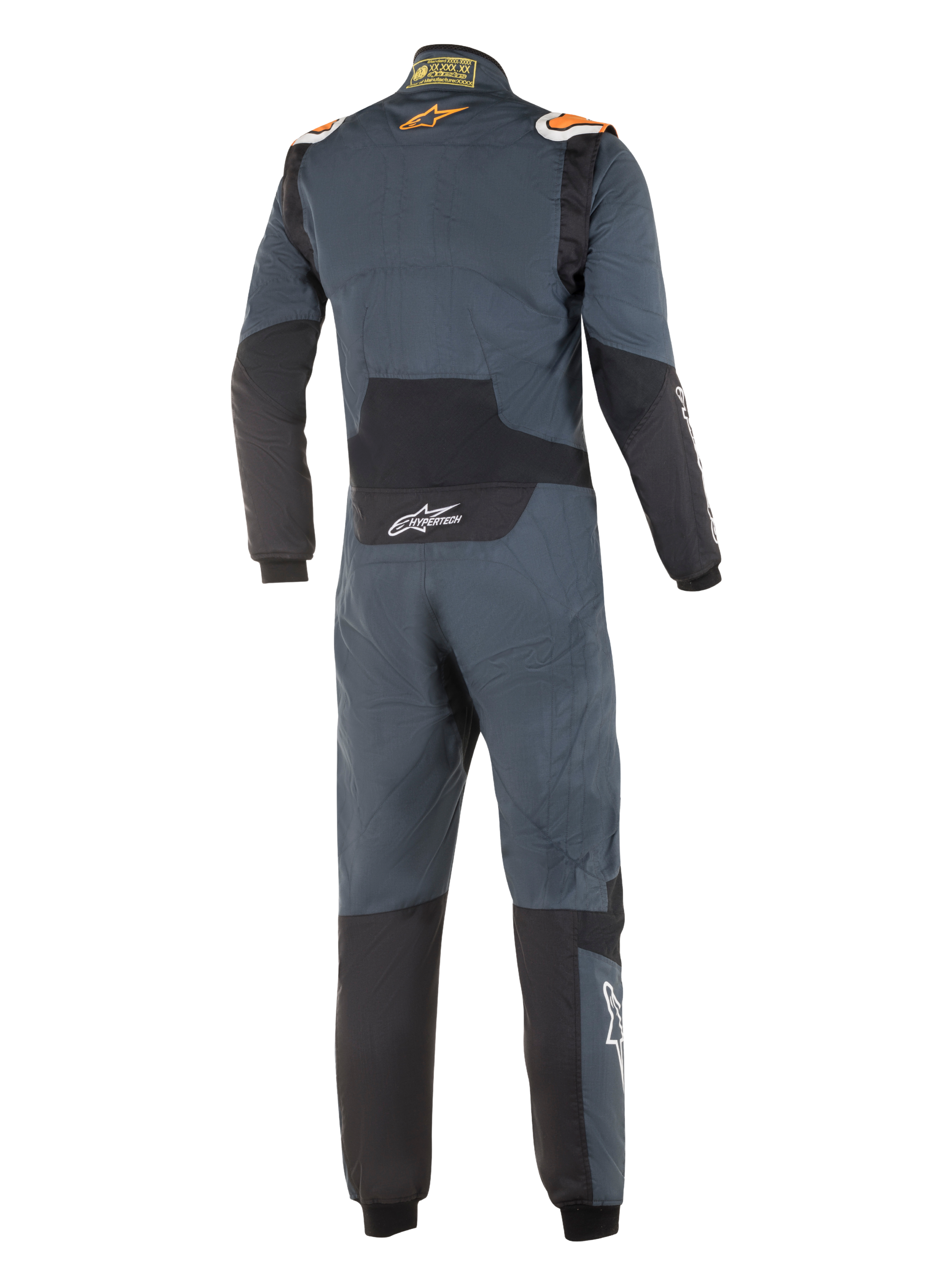 Alpinestars Hypertech Suit, Professional Auto Racing Suit, Asphalt Gray and Orange Fluo, back view, featuring black stretch panels on the lower back and elbows, orange Alpinestars logos on the shoulders, and white Hypertech branding, streamlined FIA-certified design.