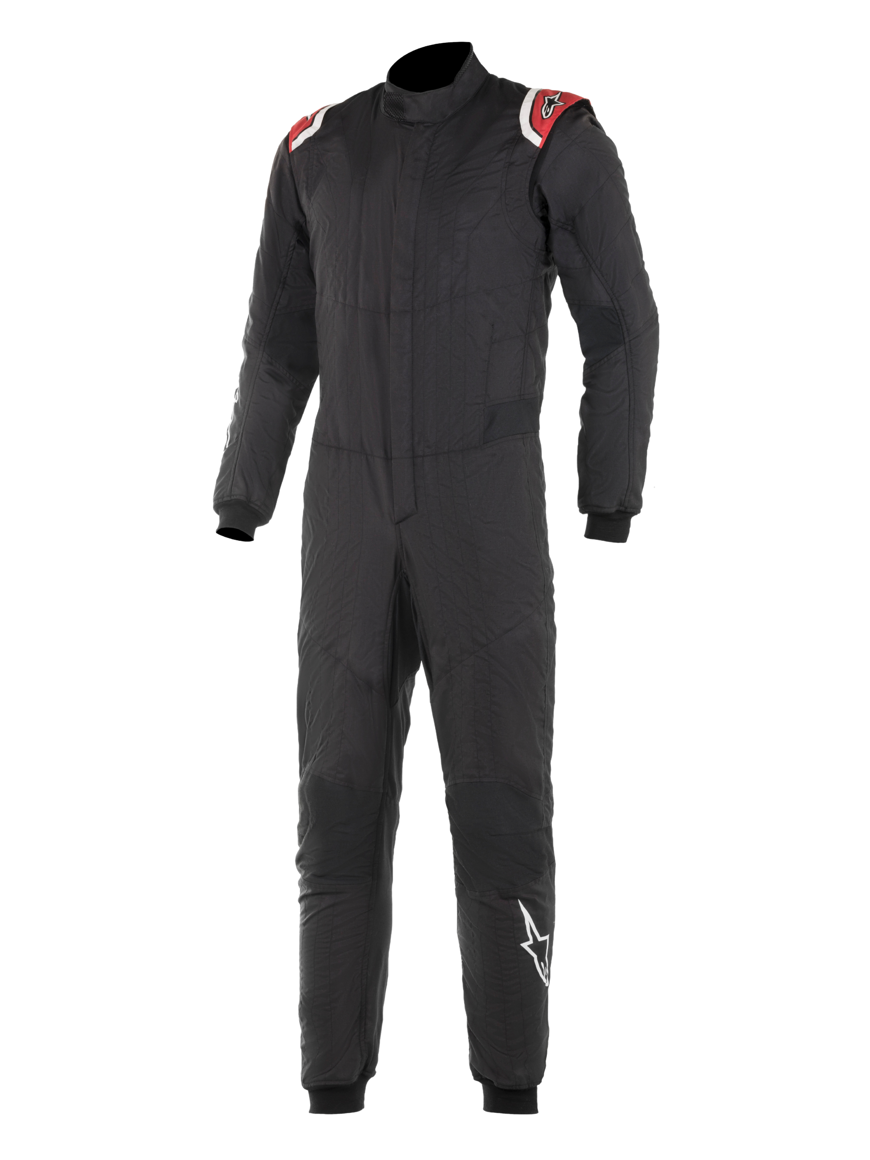 Alpinestars Hypertech Suit, professioneel autoracepak, zwart met rode en witte schouderaccenten, gewatteerde tweelaagse constructie, hoge kraag, aansluitend ontwerp met geribbelde pols- en enkelmanchetten, FIA-gecertificeerde motorsportbescherming